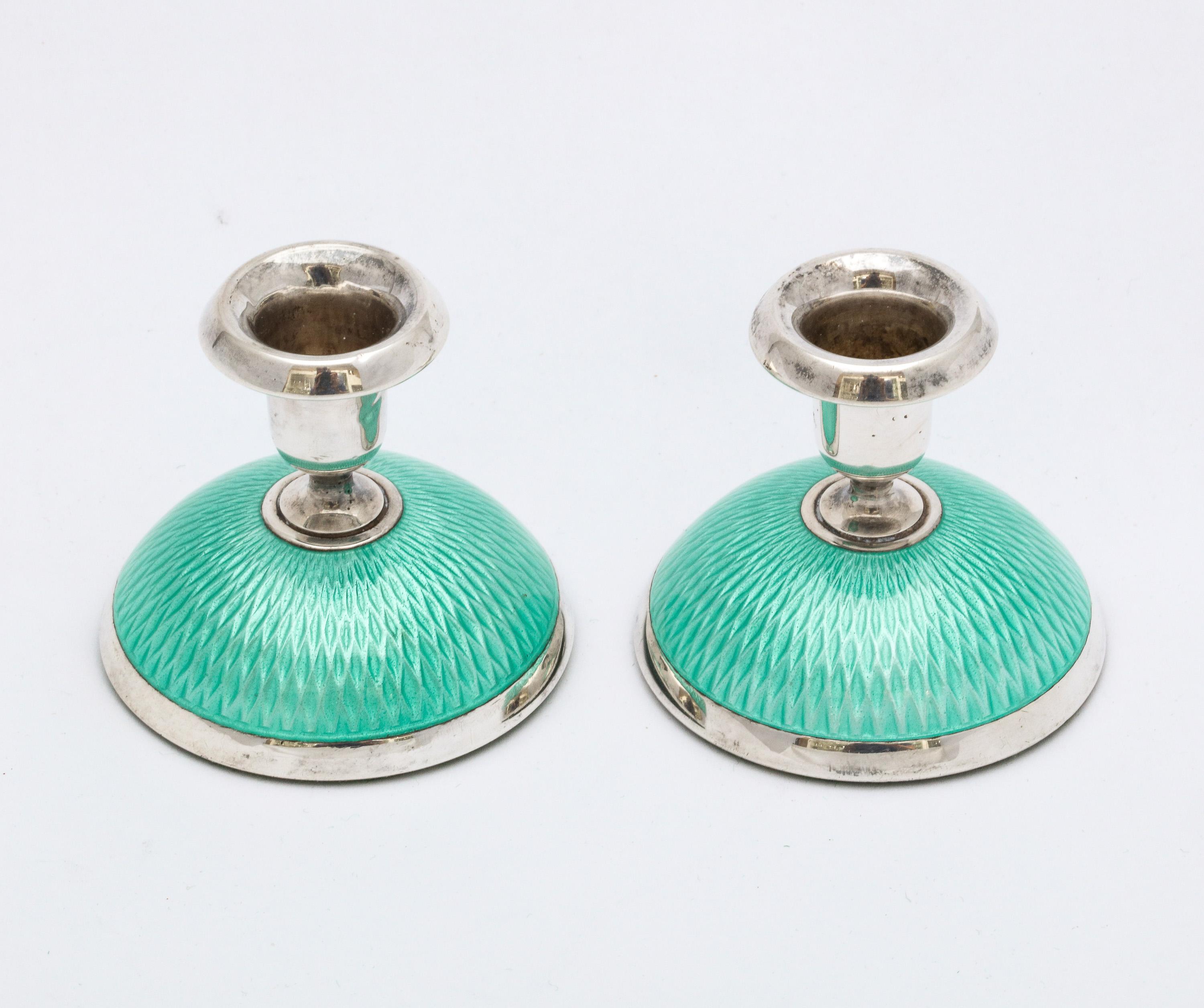 Pair of Art Deco Norwegian Sterling Silver and Turquoise Enamel Candlesticks 7