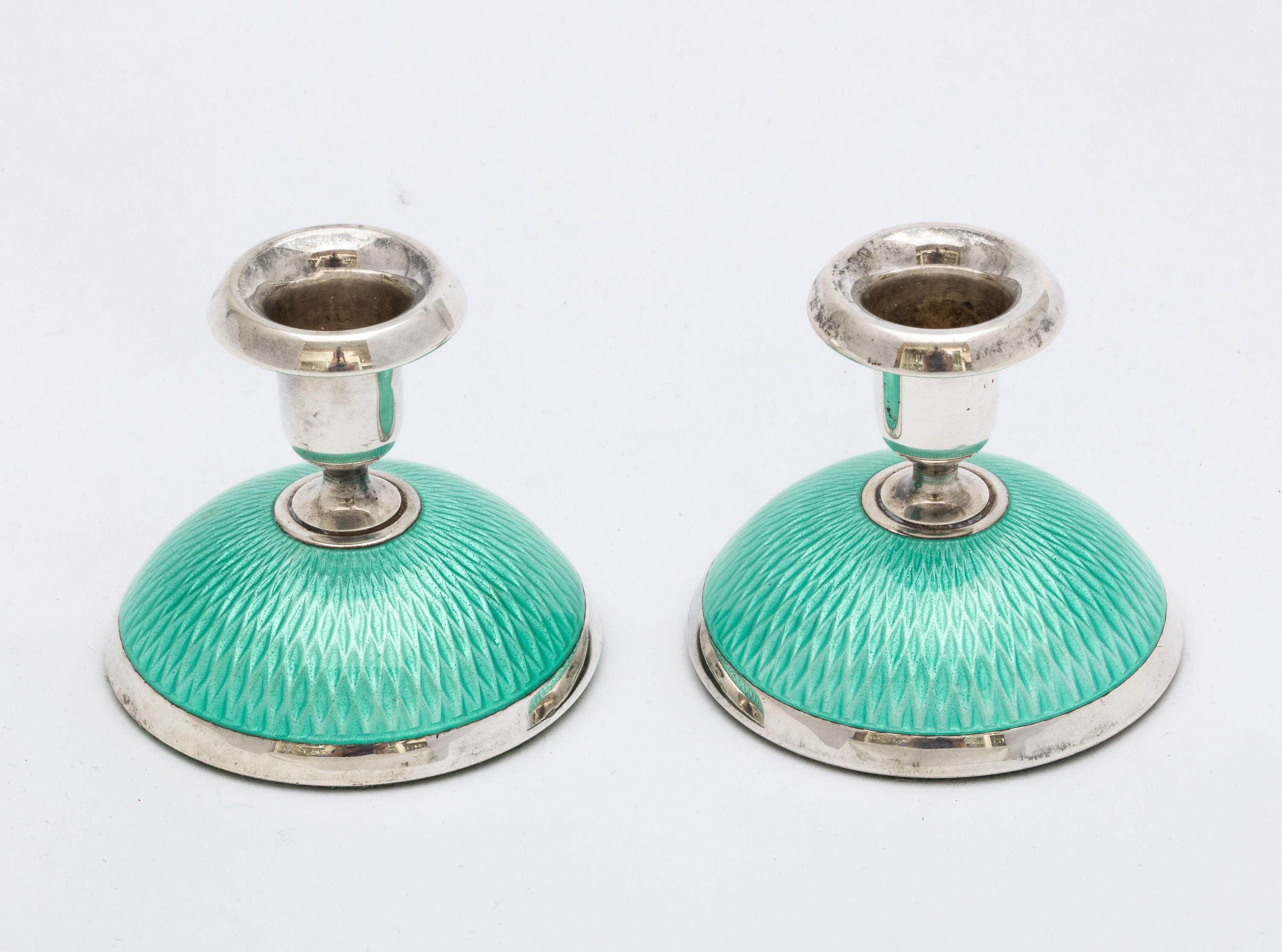 Pair of Art Deco Norwegian Sterling Silver and Turquoise Enamel Candlesticks In Good Condition In New York, NY