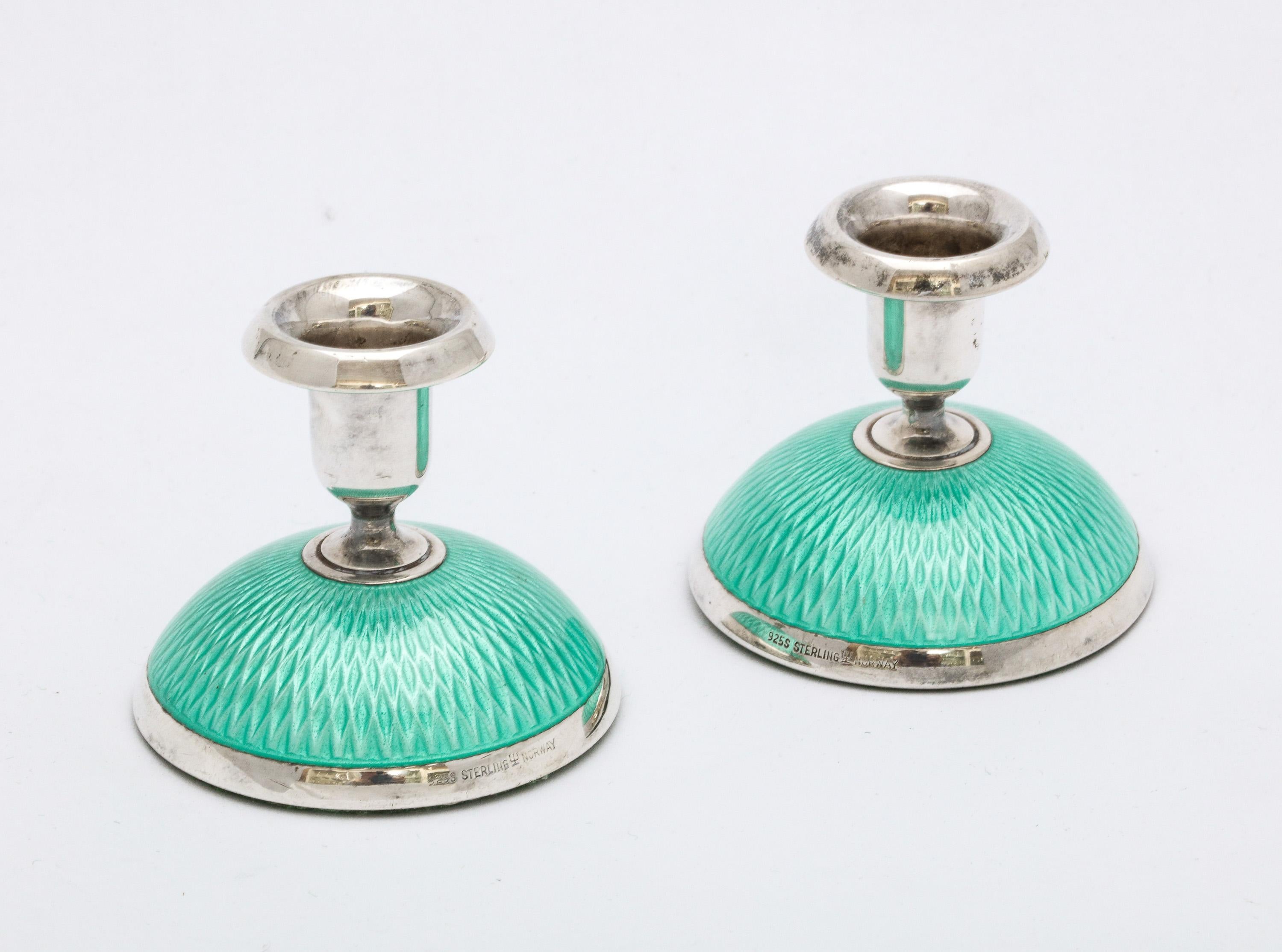Pair of Art Deco Norwegian Sterling Silver and Turquoise Enamel Candlesticks 1