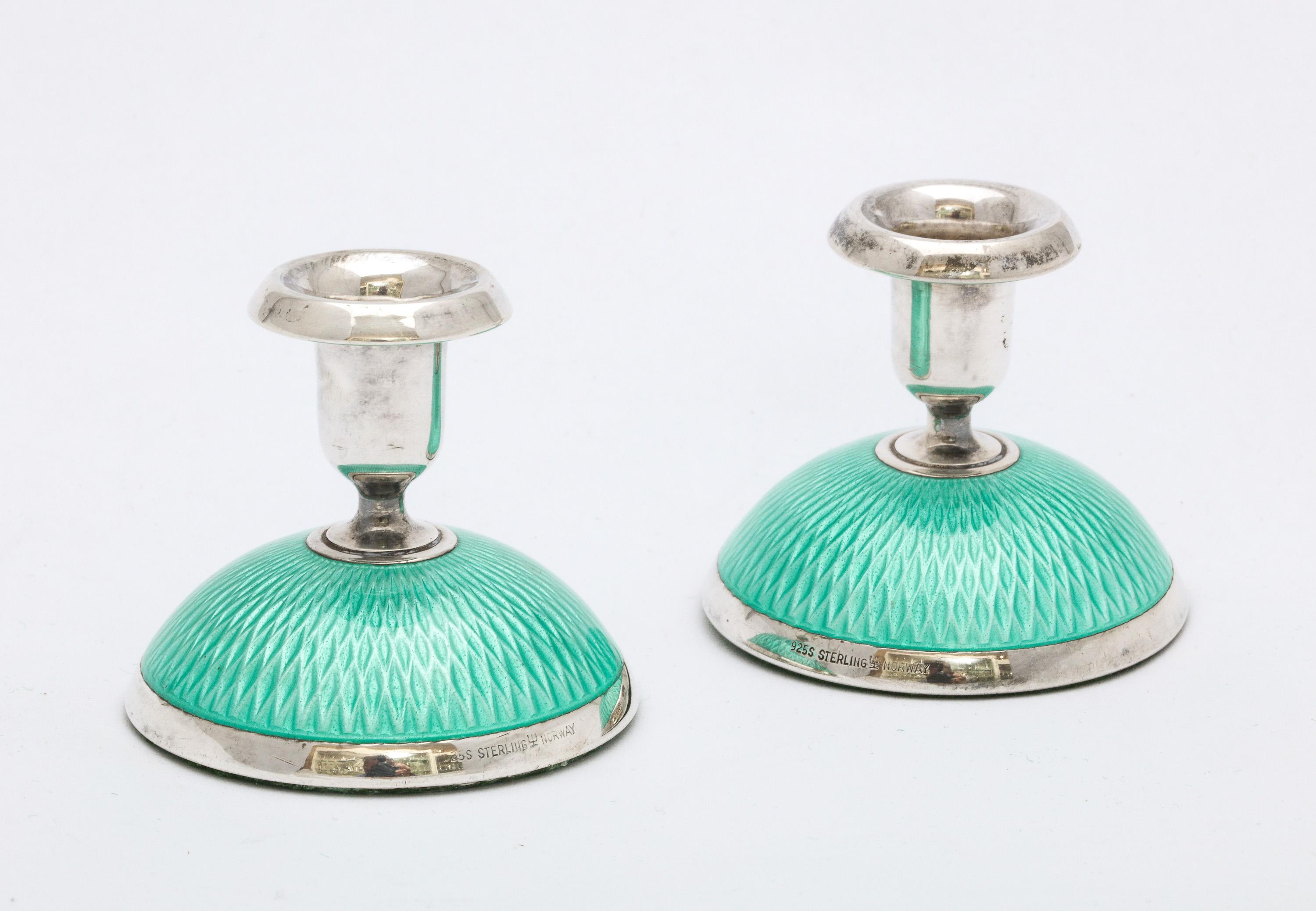 Pair of Art Deco Norwegian Sterling Silver and Turquoise Enamel Candlesticks 2