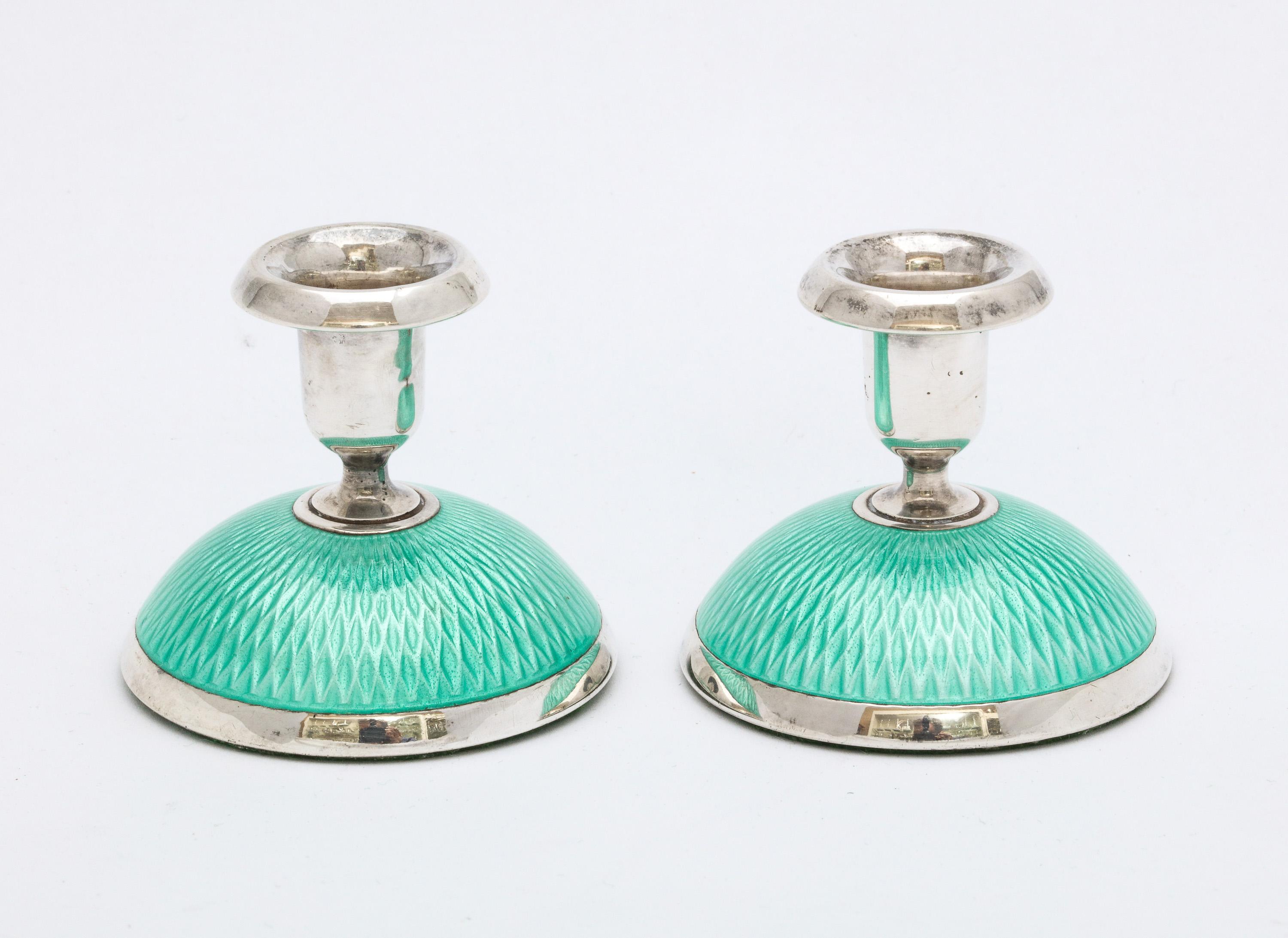 Pair of Art Deco Norwegian Sterling Silver and Turquoise Enamel Candlesticks 3