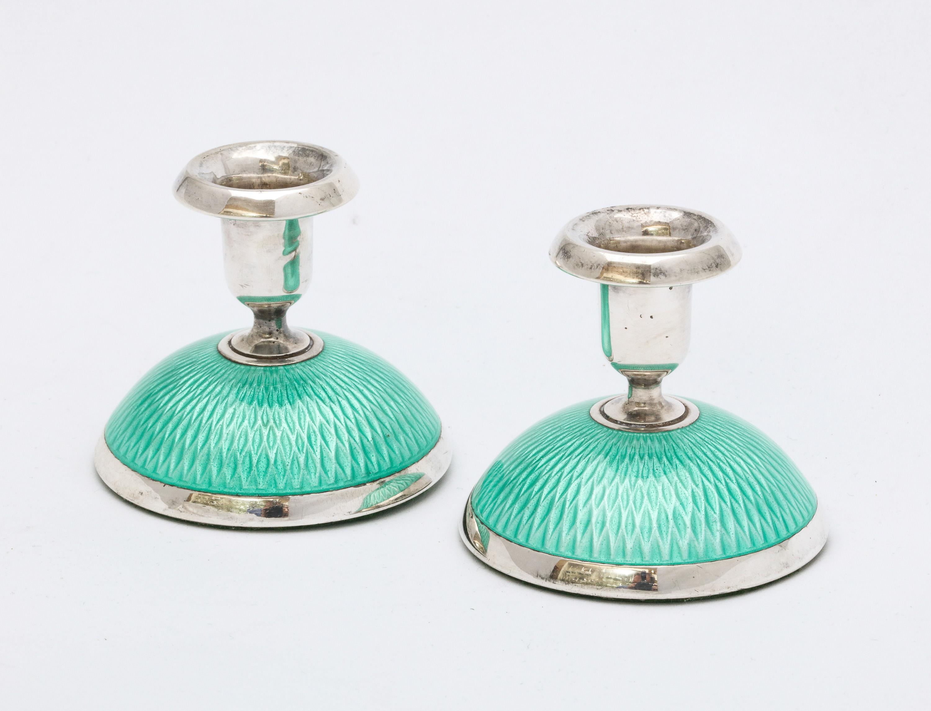 Pair of Art Deco Norwegian Sterling Silver and Turquoise Enamel Candlesticks 4