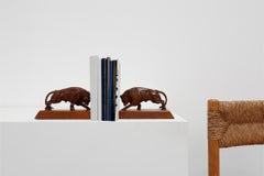 Pair of Art Deco Oak Bull Bookends, France, 1930s