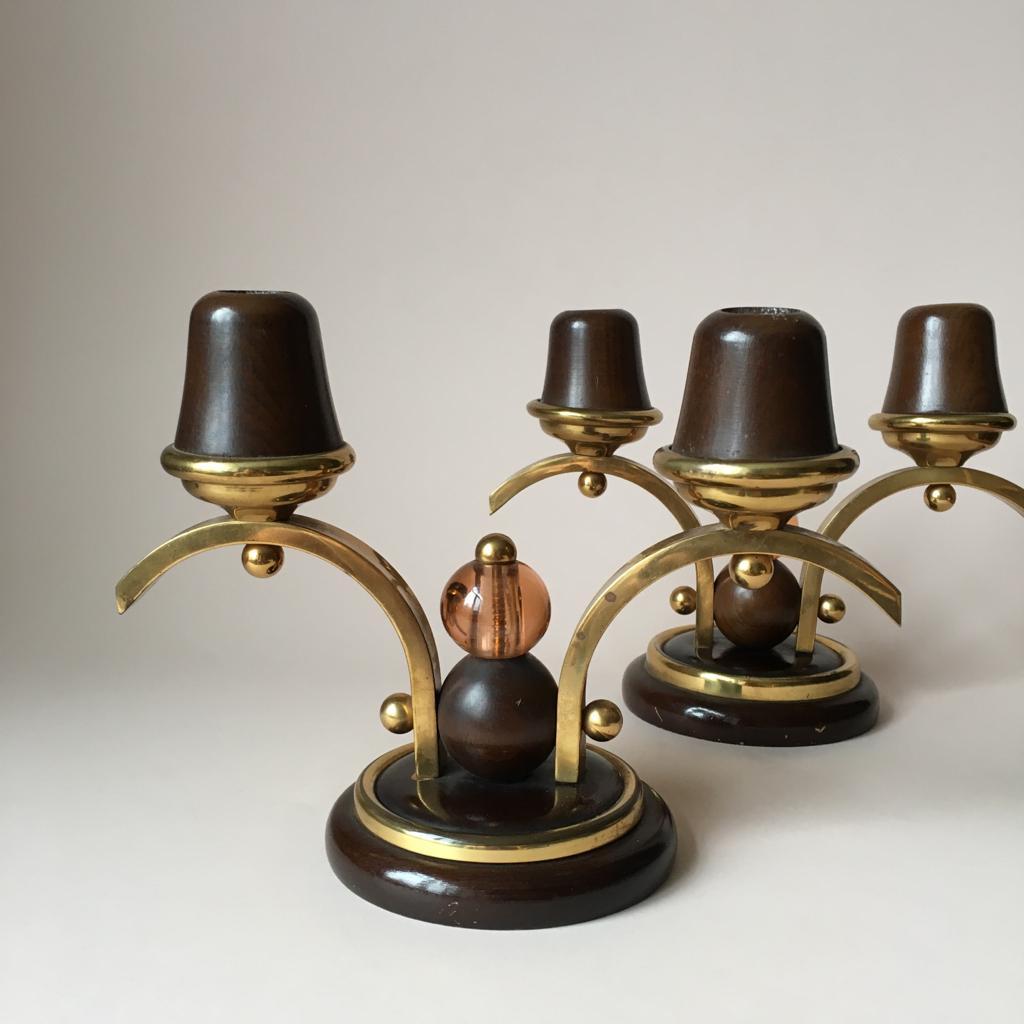 European Pair of Art Deco Oakwood Candleholders For Sale