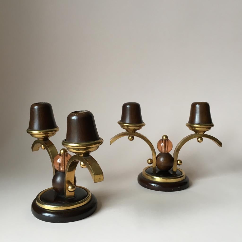 Mid-20th Century Pair of Art Deco Oakwood Candleholders For Sale