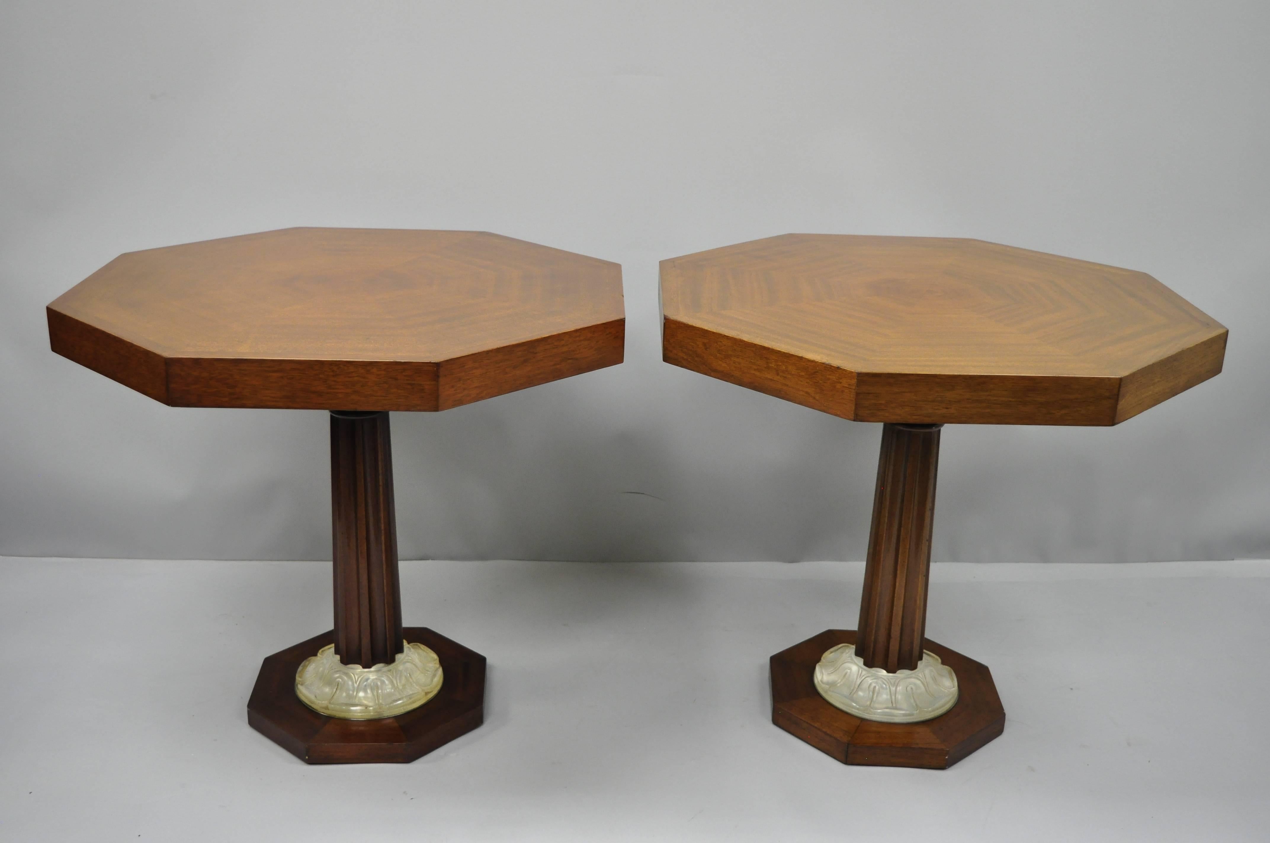 Pair of Art Deco Octagonal Mahogany & Lucite Pedestal Side Tables Grosfeld House For Sale 9