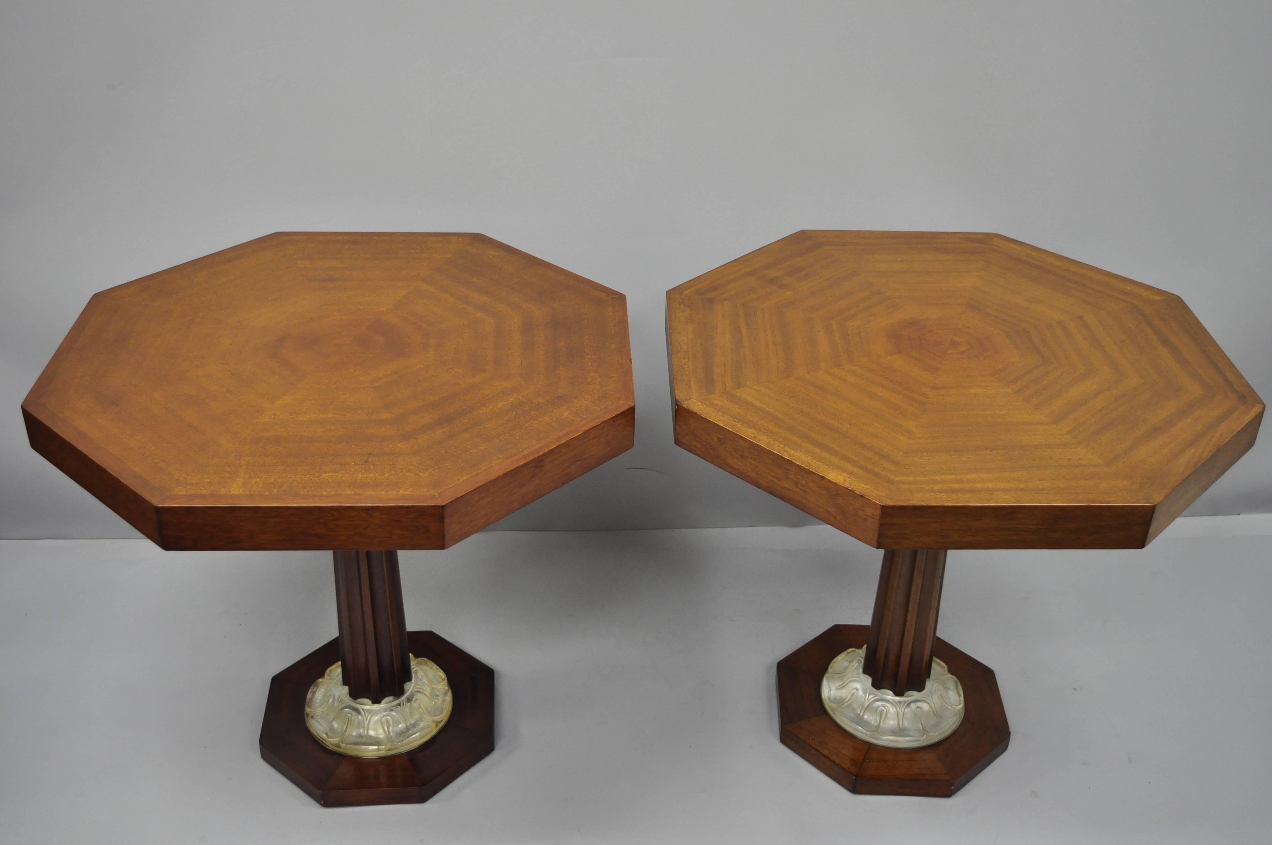 American Pair of Art Deco Octagonal Mahogany & Lucite Pedestal Side Tables Grosfeld House For Sale