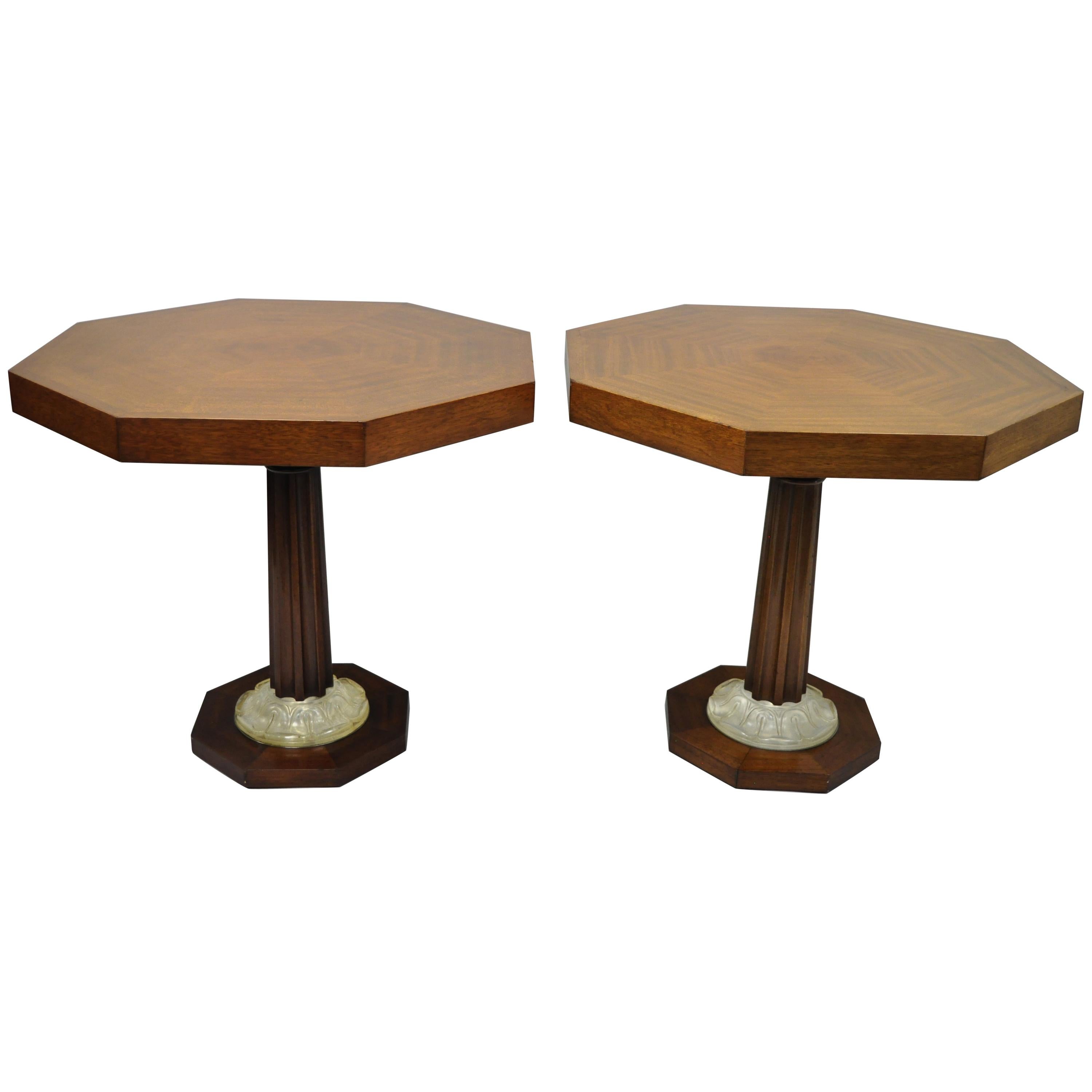 Pair of Art Deco Octagonal Mahogany & Lucite Pedestal Side Tables Grosfeld House For Sale