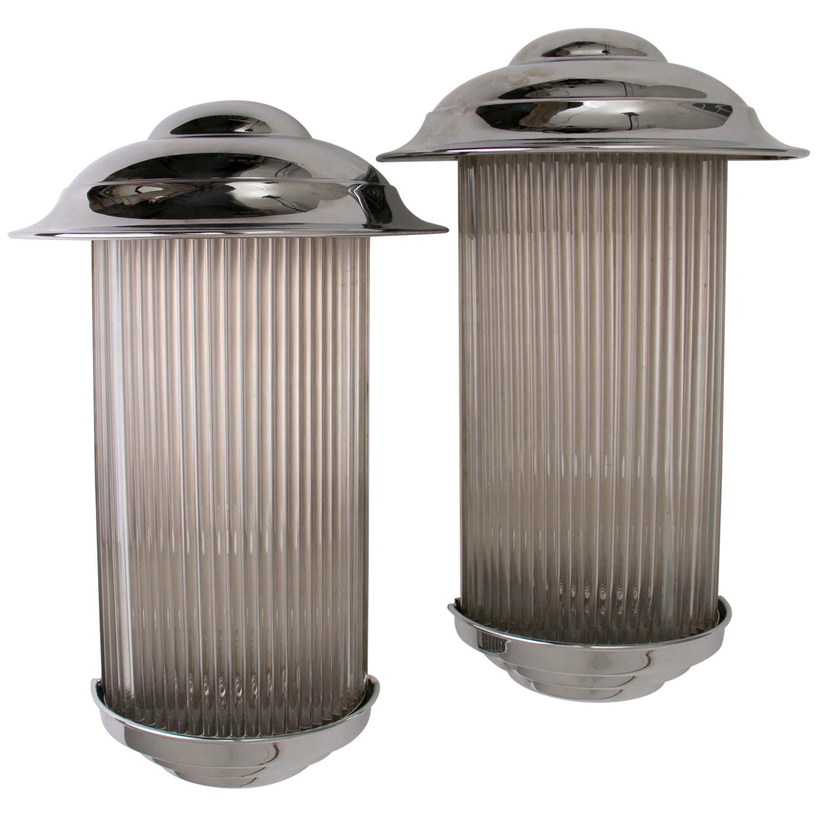 Pair of Art Deco Odeon Style Wall Lights Chrome with Original Glass Rods For Sale