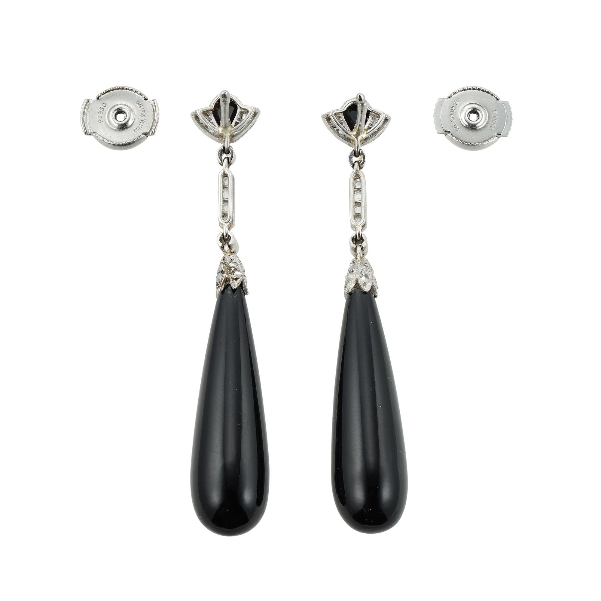 Art Deco Pair of Art-Deco Onyx and Diamond Drop Earrings