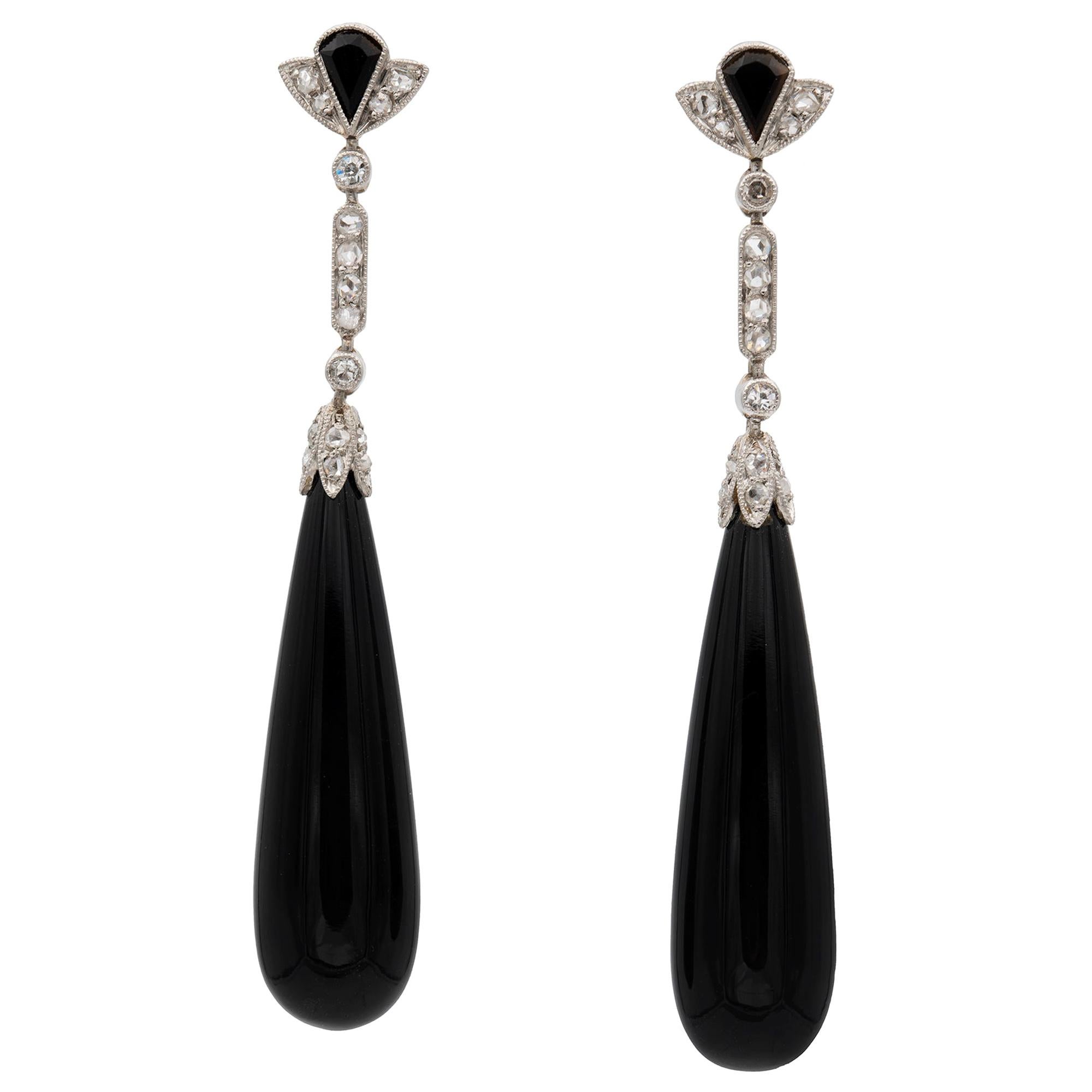 Pair of Art-Deco Onyx and Diamond Drop Earrings
