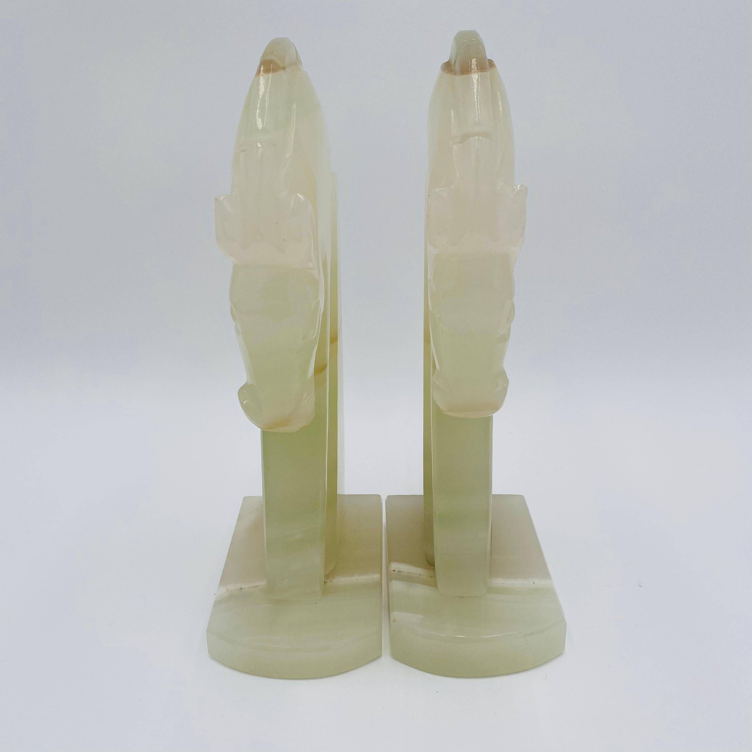 Hand-Carved Pair of Art Deco Onyx Horses Heads Bookends