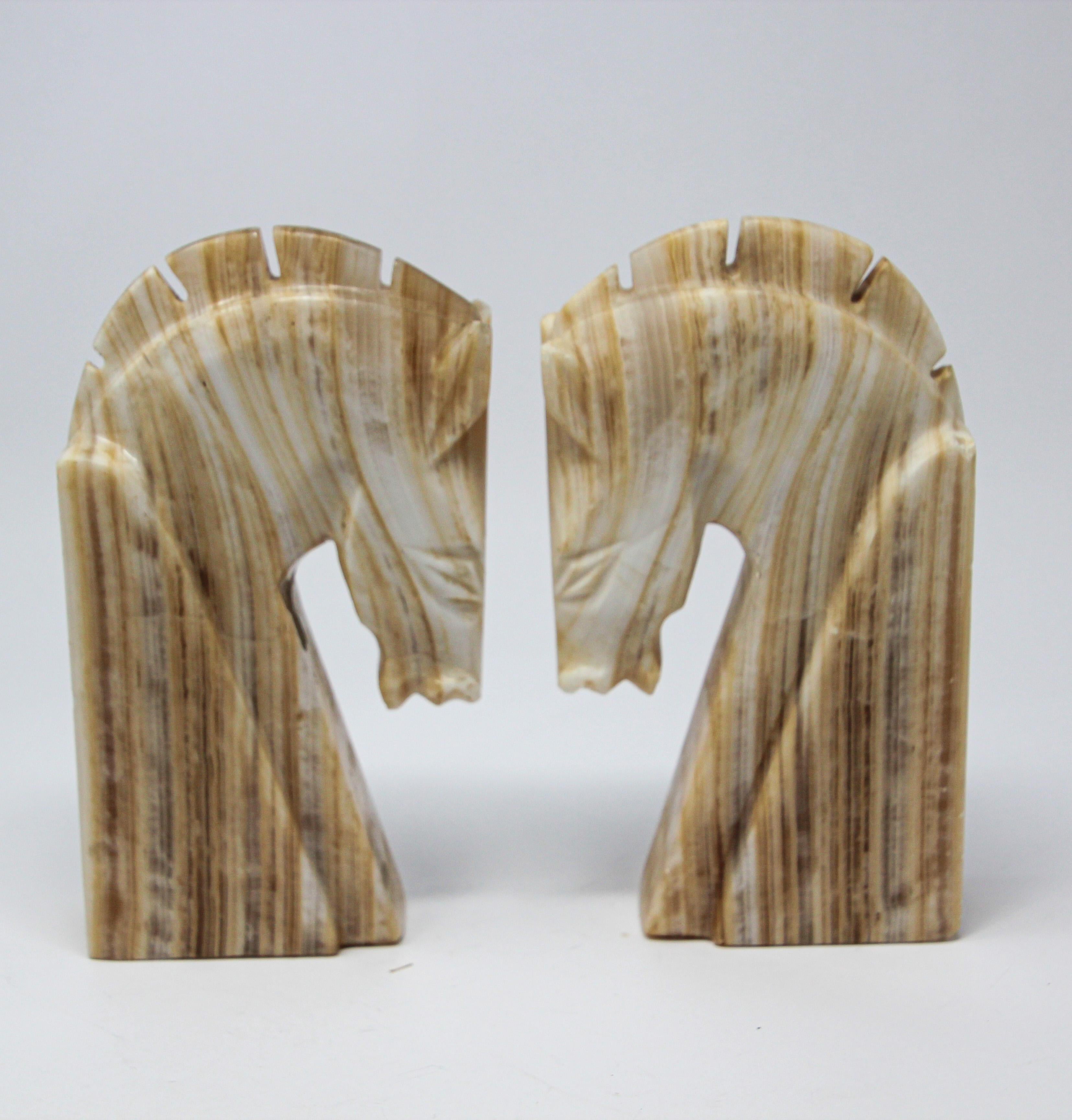 Hand-Carved Pair of Art Deco Onyx Horses Heads Bookends