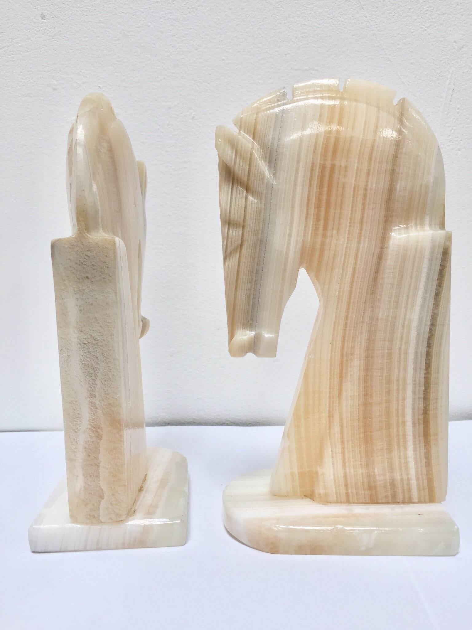 Hand-Carved Pair of Art Deco Onyx Horses Heads Bookends