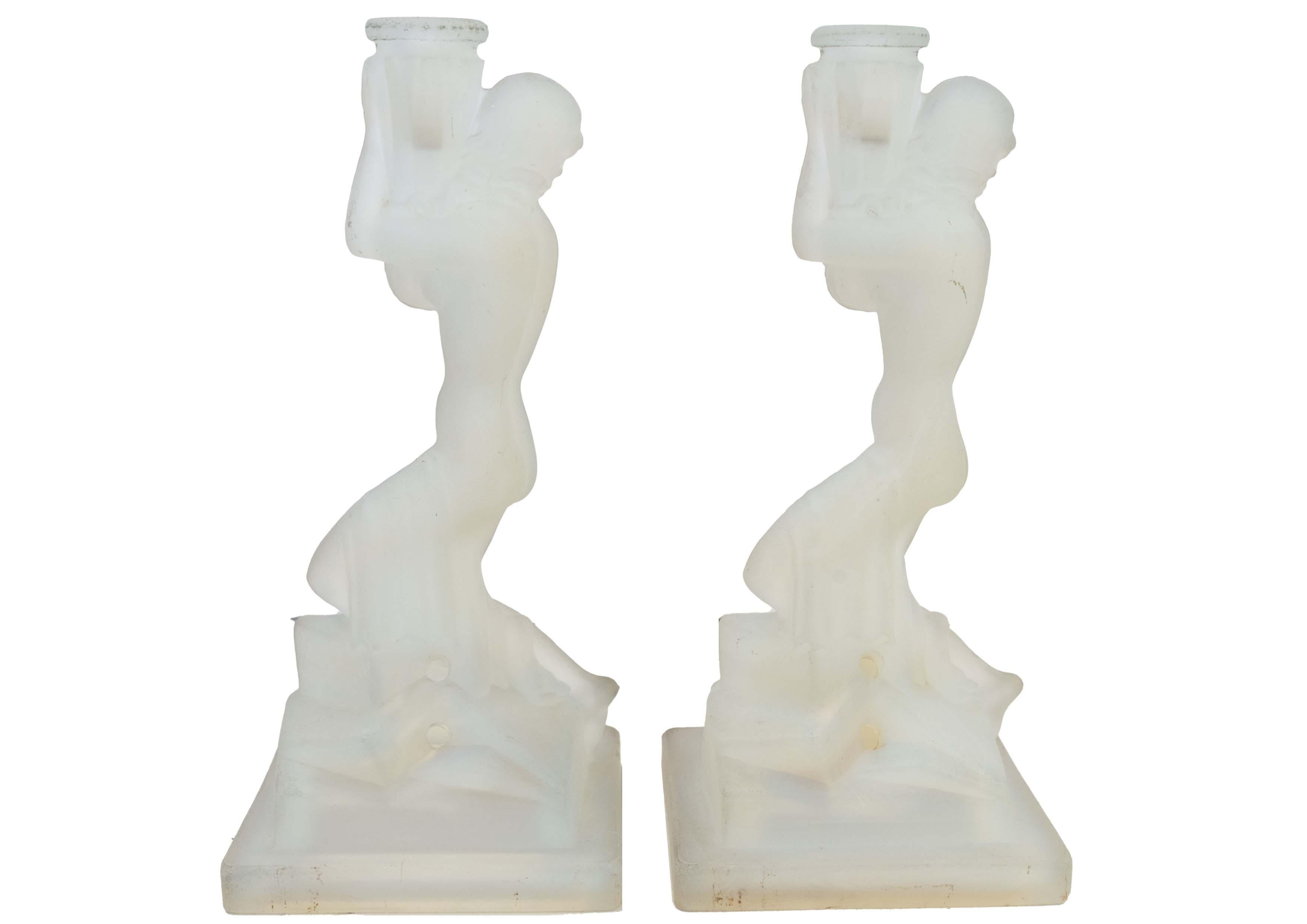 Pair of Art Deco Opalescent Glass Nude Female Candle Holders 1920's For Sale 8