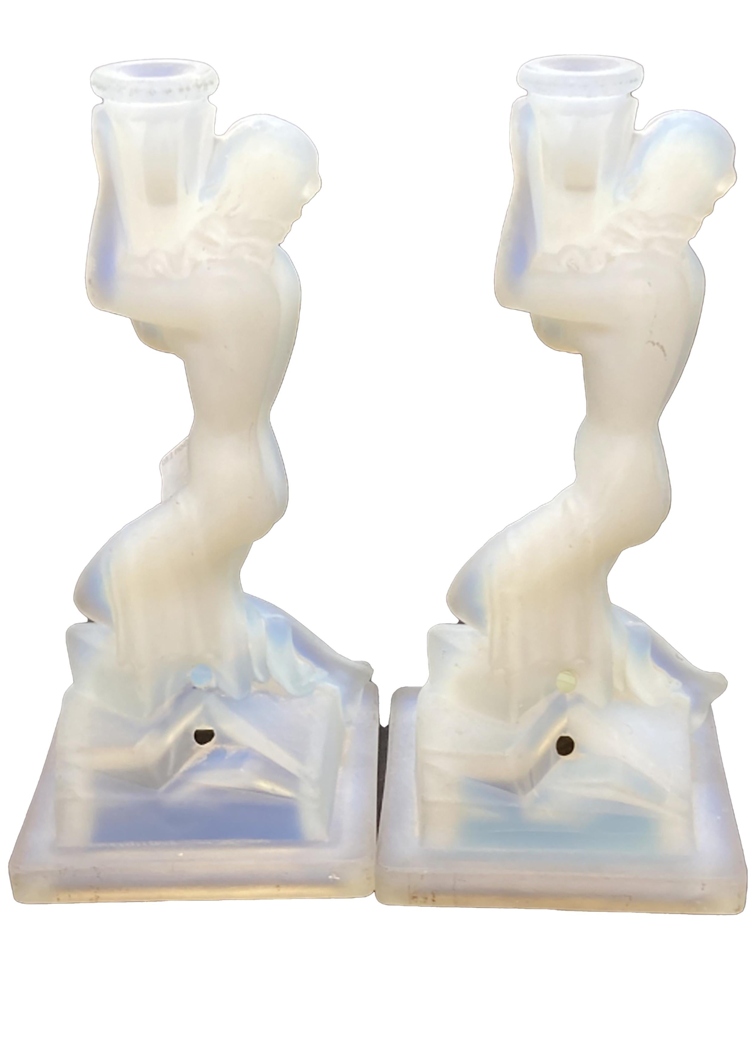 Pair of Art Deco Opalescent Glass Nude Female Candle Holders 1920's For Sale 5