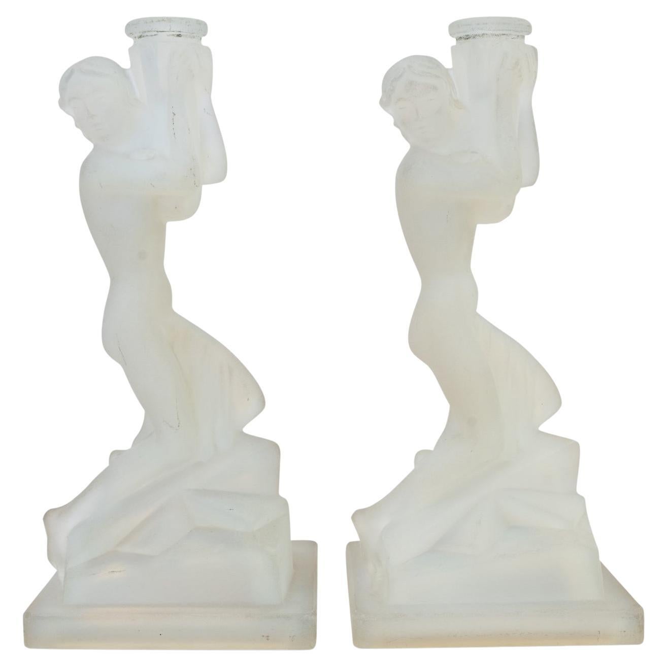 Pair of Lalique Style Art Deco Opalescent Glass Nude Female Candle Holders On A Square Plinth Base, Unsigned

Provenance : The Mavis and John Wareham Collection 