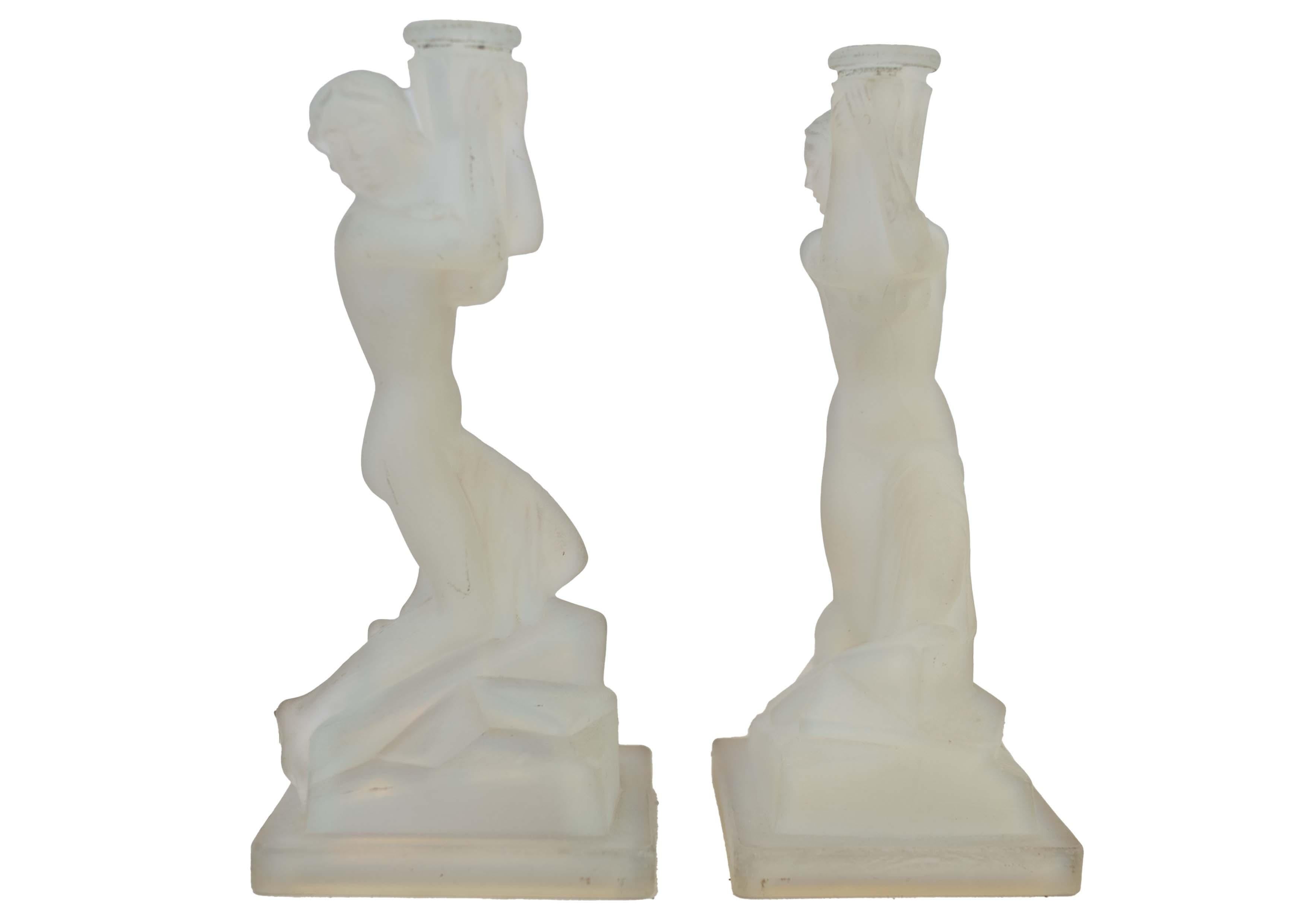 French Pair of Art Deco Opalescent Glass Nude Female Candle Holders 1920's For Sale
