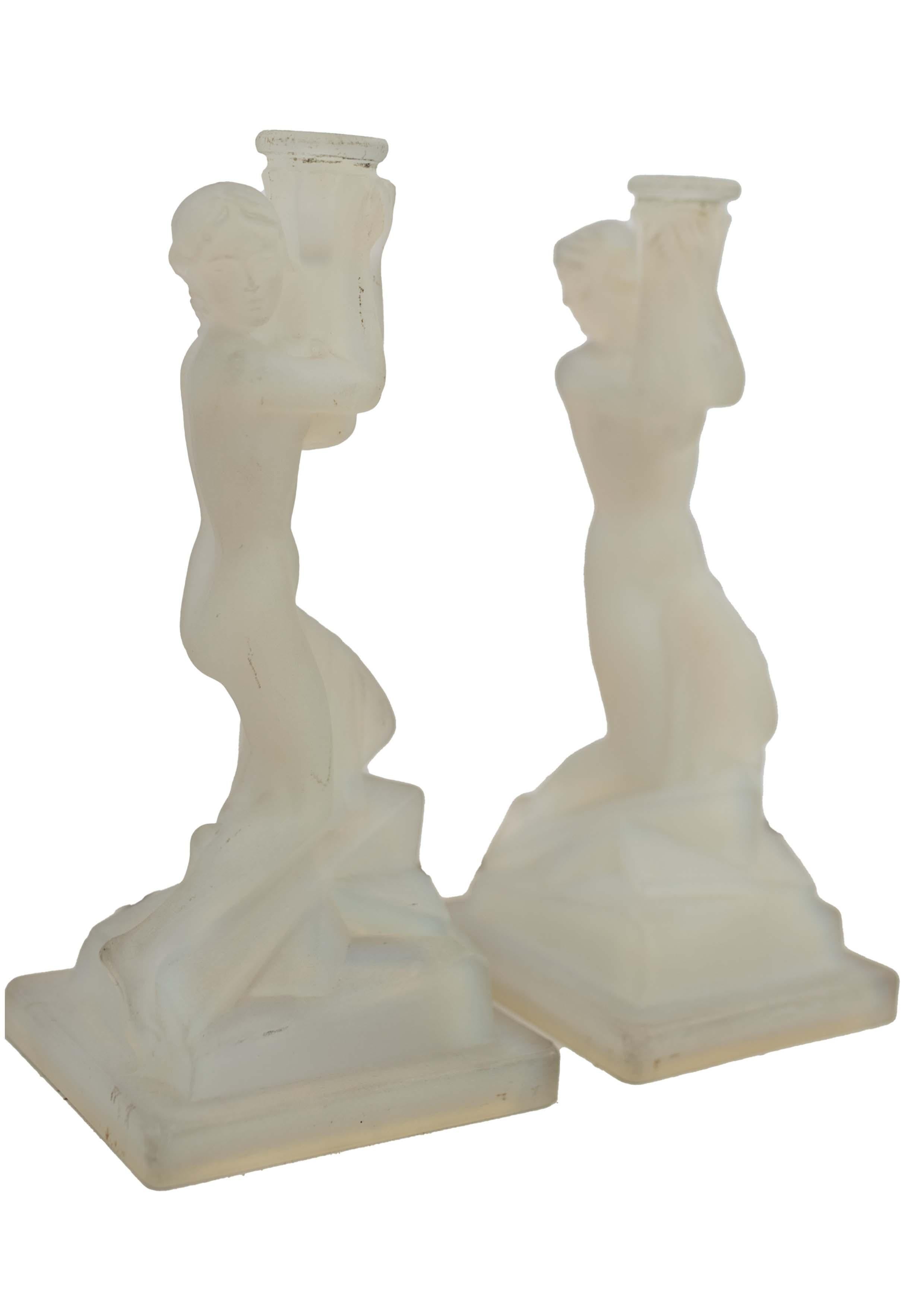 Pair of Art Deco Opalescent Glass Nude Female Candle Holders 1920's In Good Condition For Sale In Reading, Berkshire