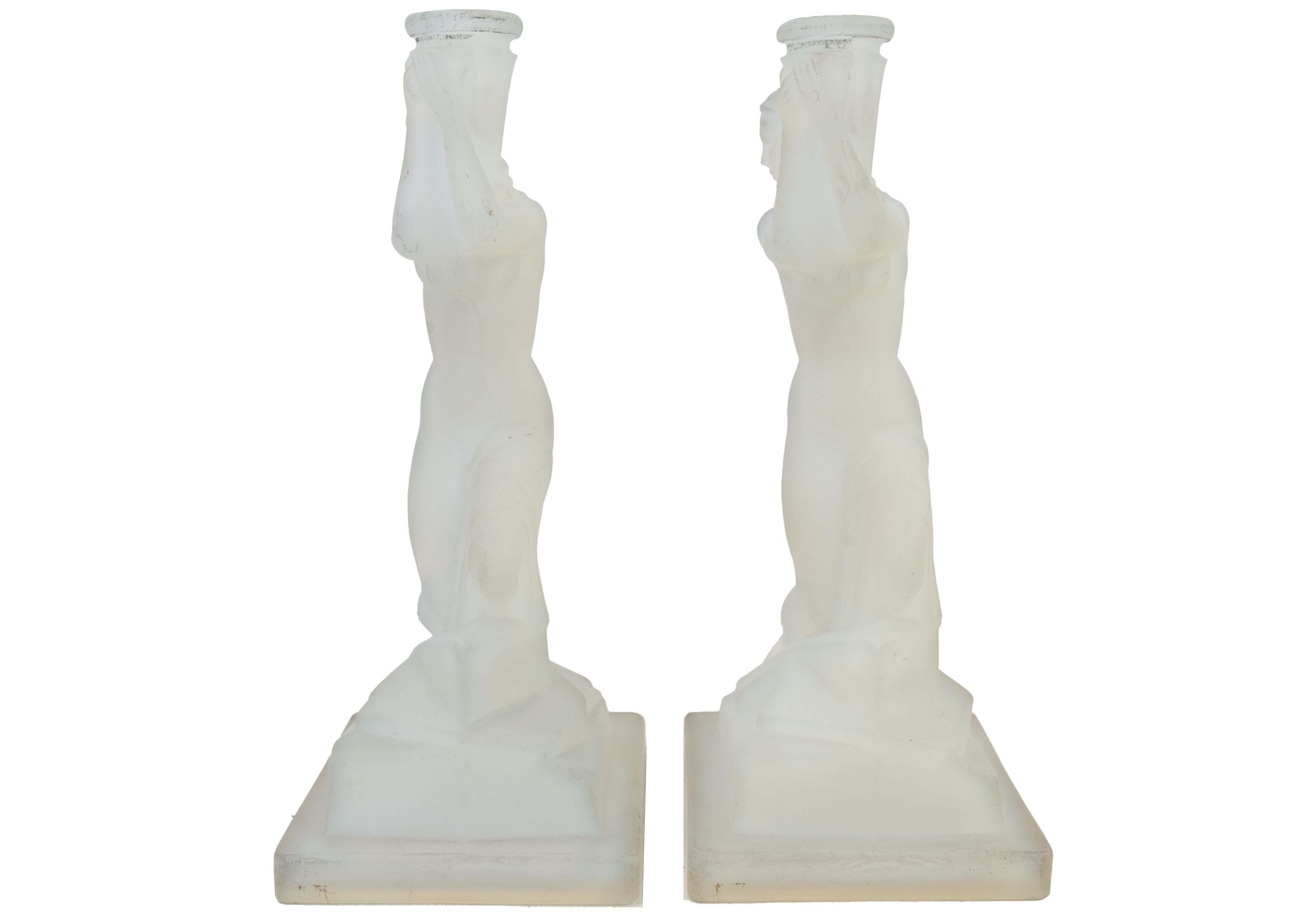 Early 20th Century Pair of Art Deco Opalescent Glass Nude Female Candle Holders 1920's For Sale