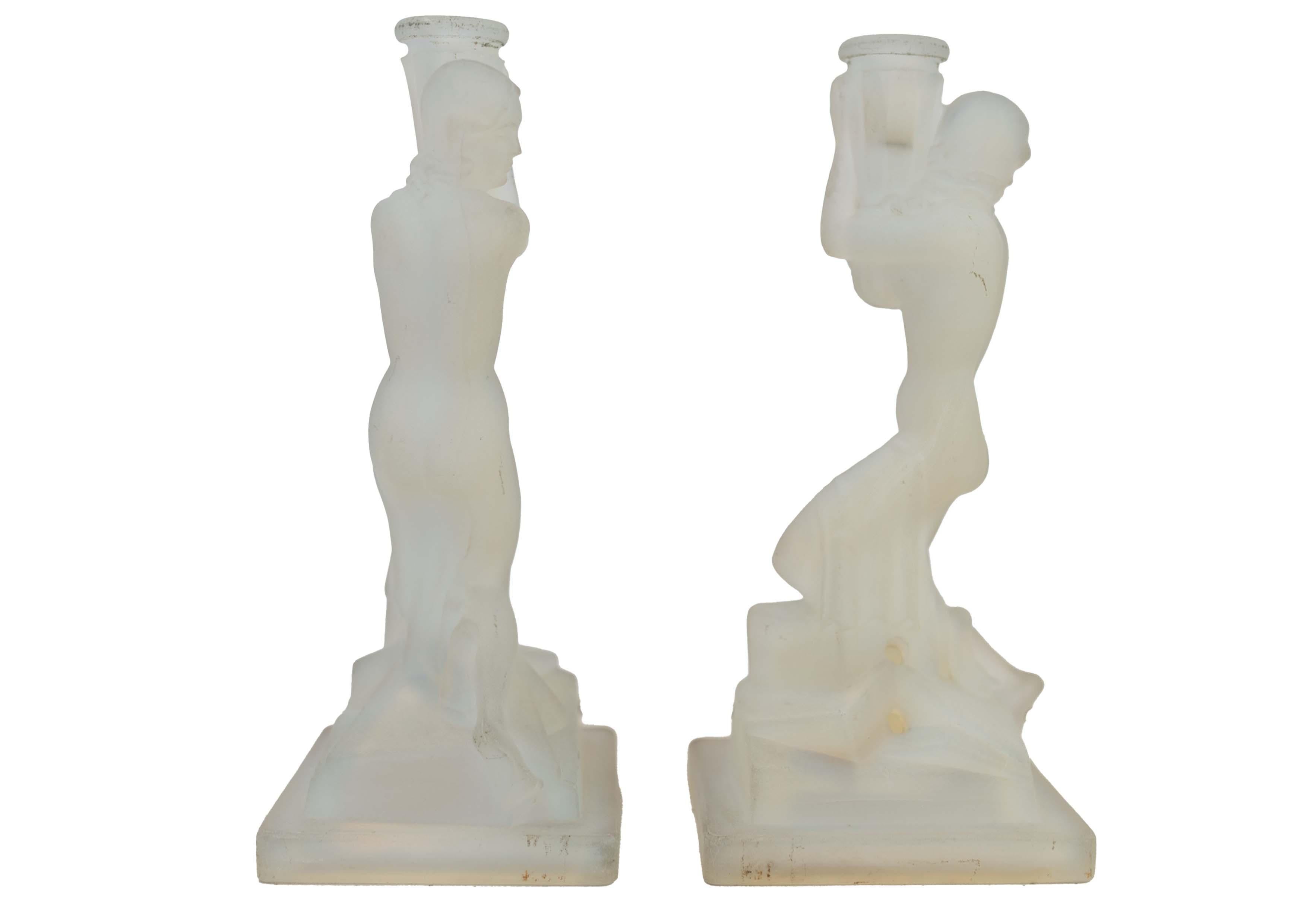 Opaline Glass Pair of Art Deco Opalescent Glass Nude Female Candle Holders 1920's For Sale