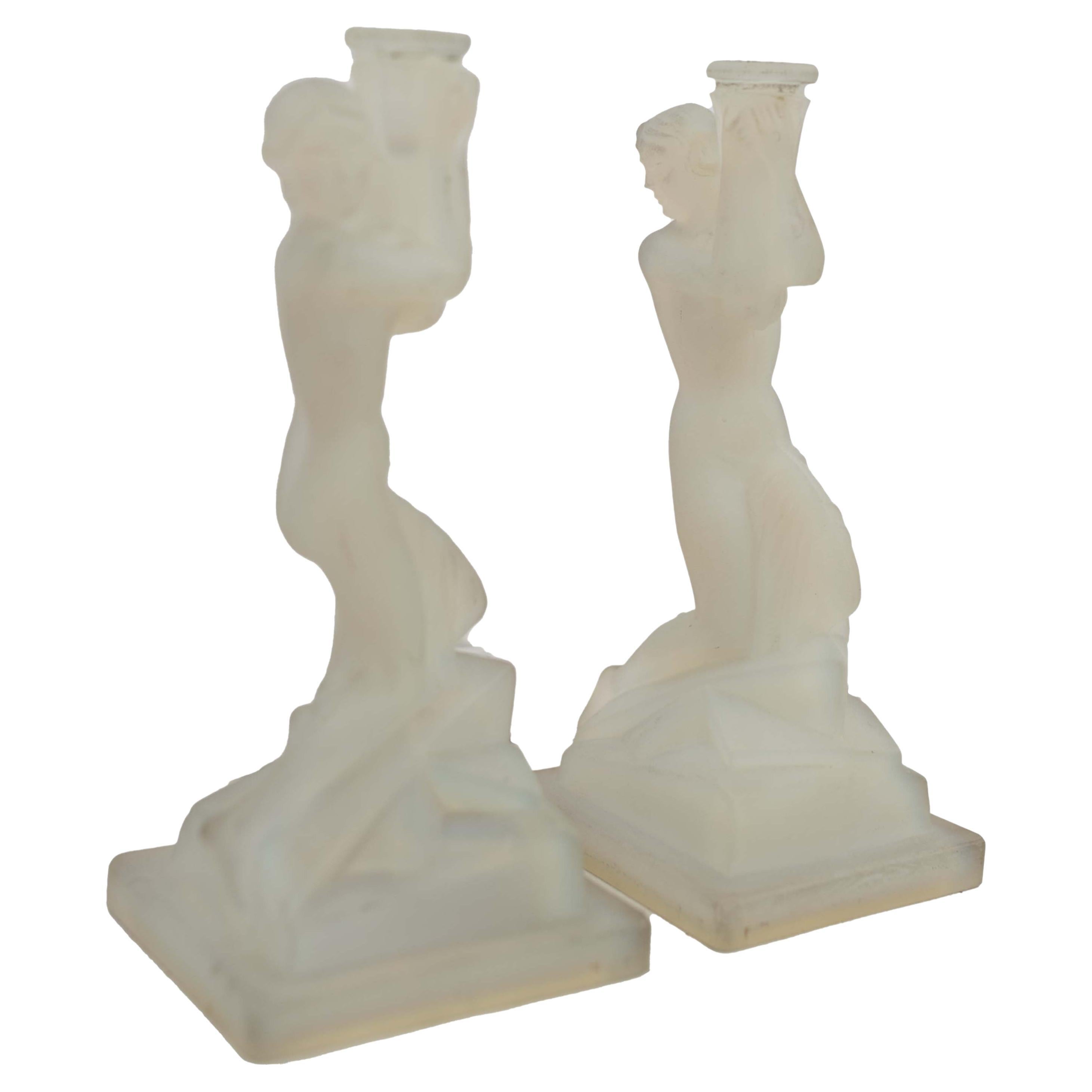 Pair of Art Deco Opalescent Glass Nude Female Candle Holders 1920's For Sale