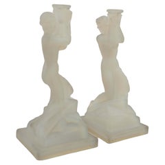 Pair of Art Deco Opalescent Glass Nude Female Candle Holders 1920's