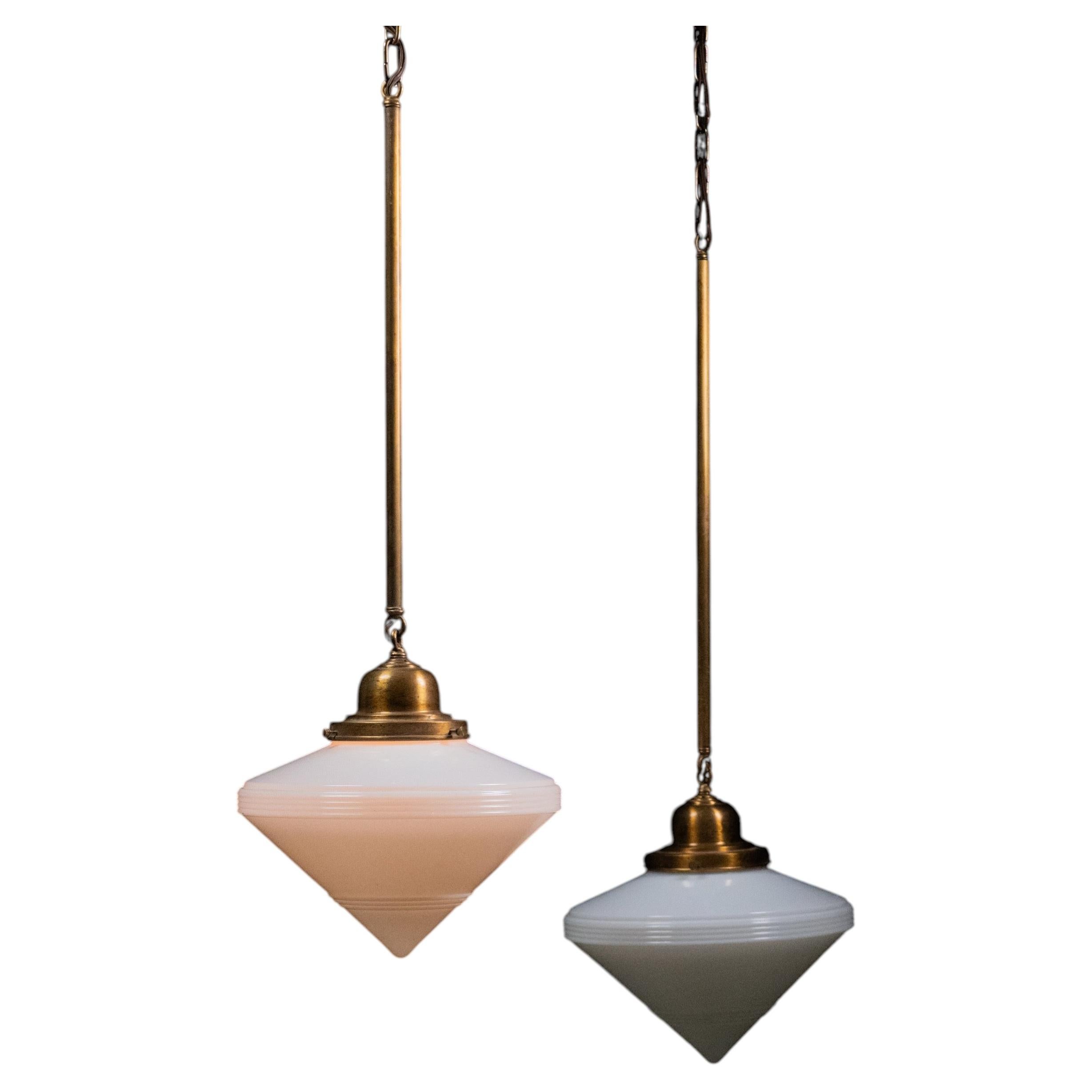Pair of Art Deco Opaline Glass Pendant Lights with Brass Hardware