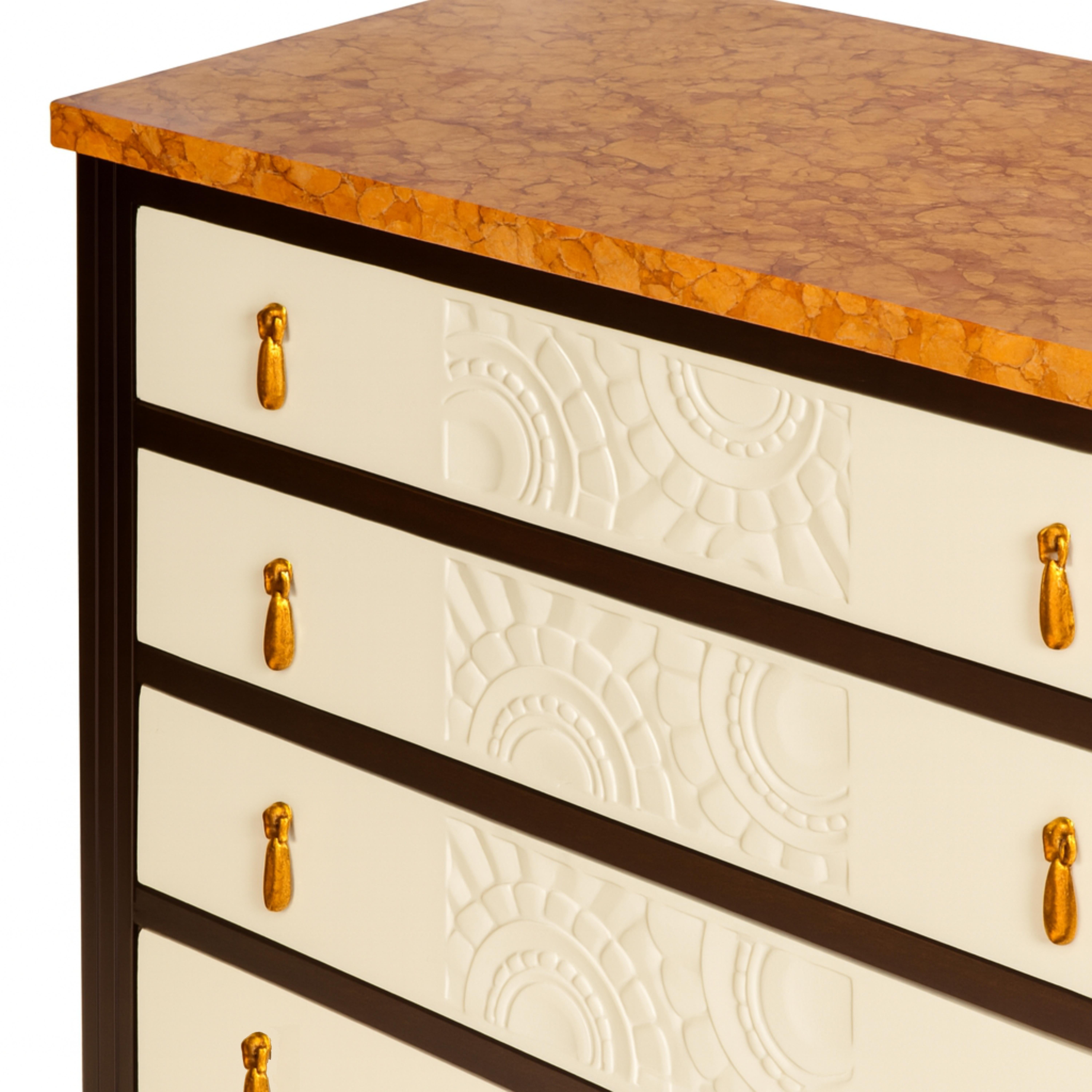 An Art Deco Chest of Drawers in Chocolate Brown wood color, with Orange Marble top and three off white (color reference: #F2F0EF) lacquer high-gloss finish drawers
This streamline Console has four long drawers with golden pendant hardware. 
 Depth