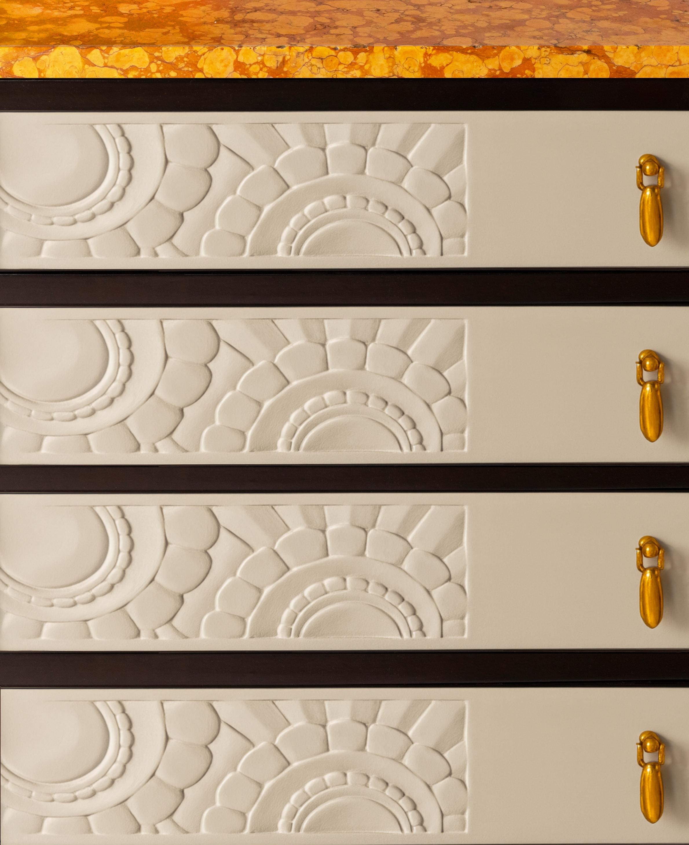 Brass Pair of Art Deco Orange Marble, Off White Commodes, 20th Century For Sale