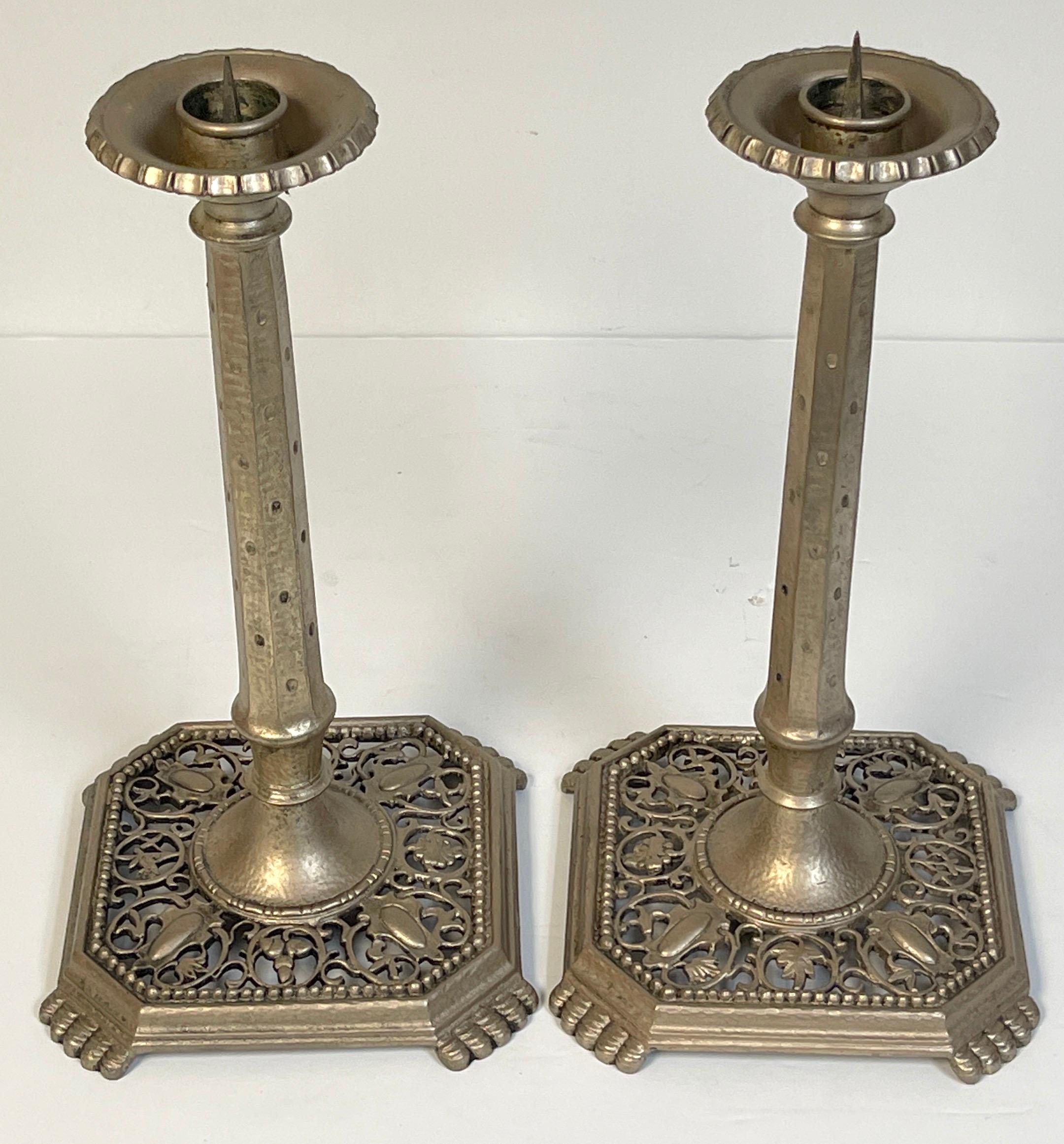 American Pair of Art Deco Oscar Bach Silvered Iron Candlesticks  For Sale
