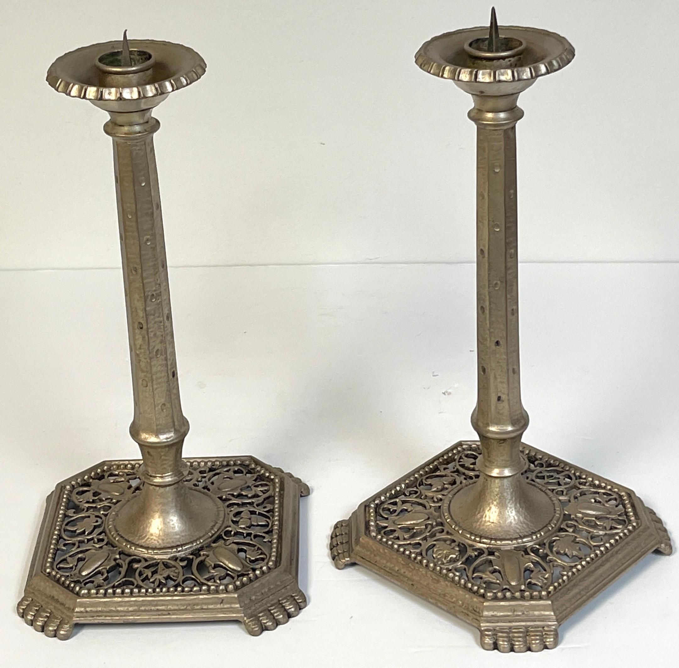 Pair of Art Deco Oscar Bach Silvered Iron Candlesticks  In Good Condition For Sale In West Palm Beach, FL