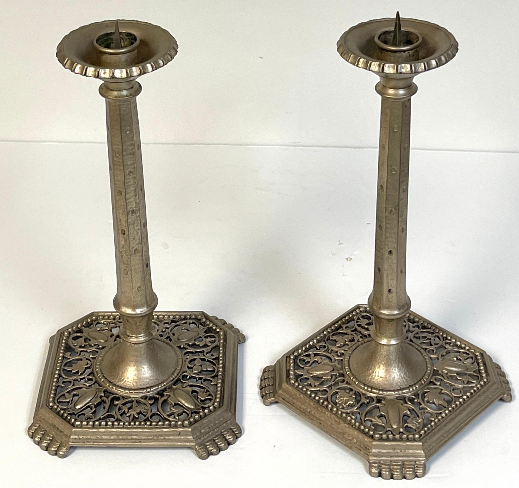 20th Century Pair of Art Deco Oscar Bach Silvered Iron Candlesticks  For Sale