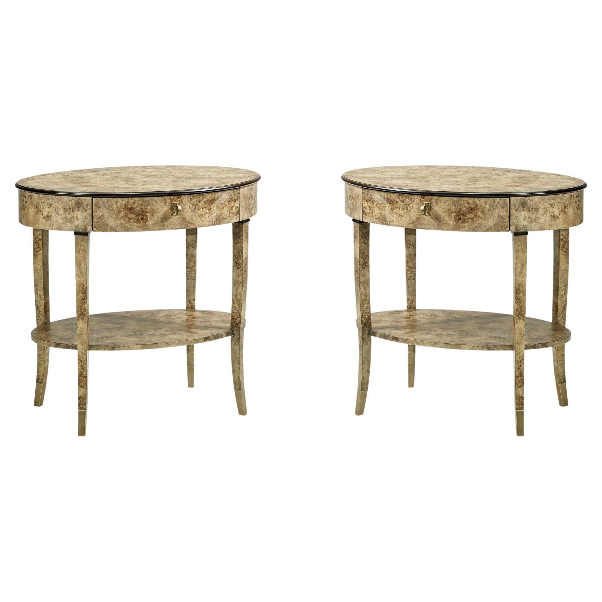 Pair of Art Deco Oval Burl Nightstands For Sale