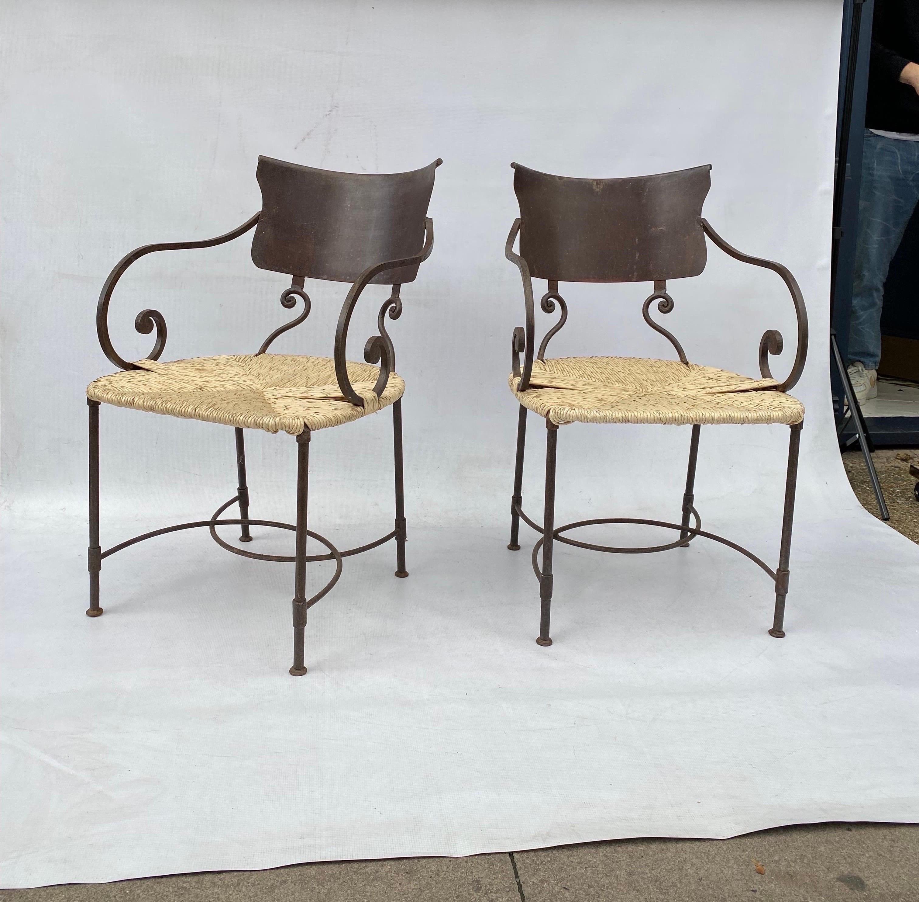Pair of Art Deco Oxidised Forged Iron Bamboo Rattan Side Chairs Vintage 1920s  For Sale 6