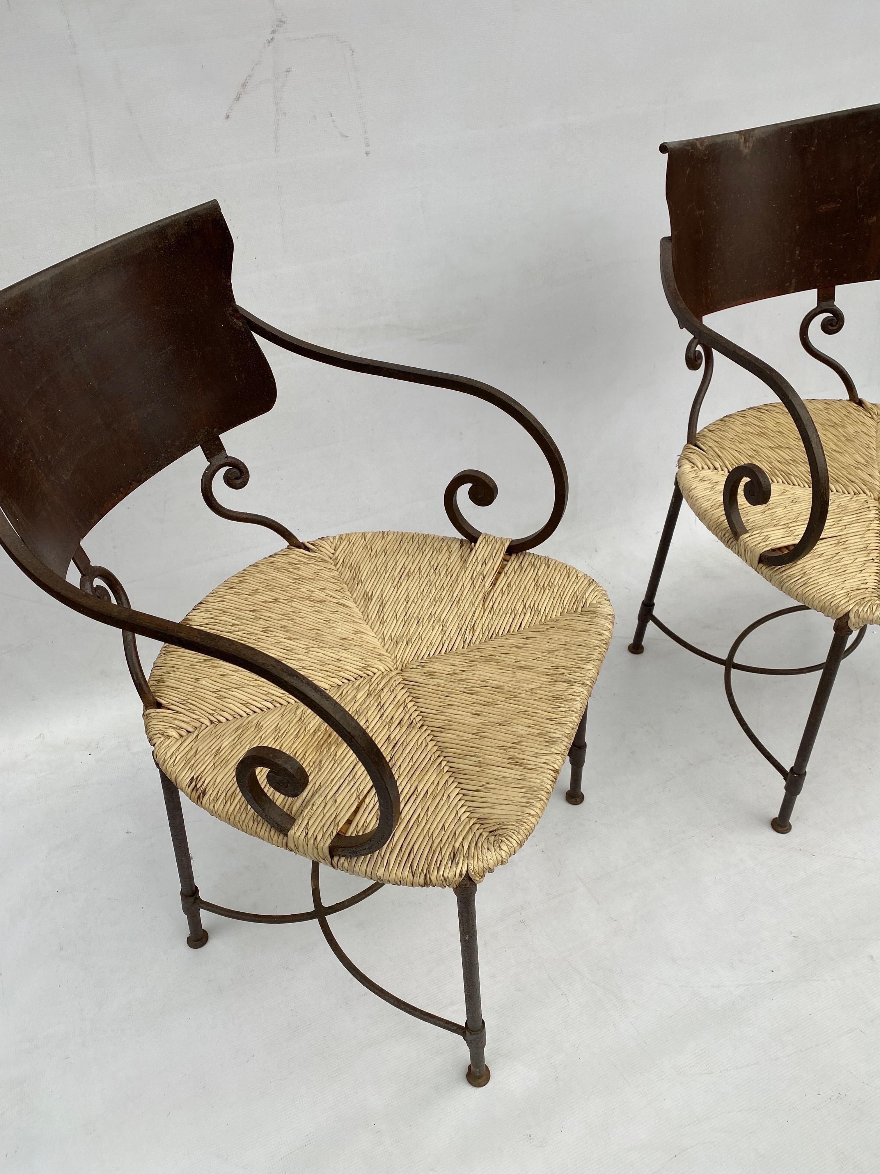 Pair of Art Deco Oxidised Forged Iron Bamboo Rattan Side Chairs Vintage 1920s  For Sale 9