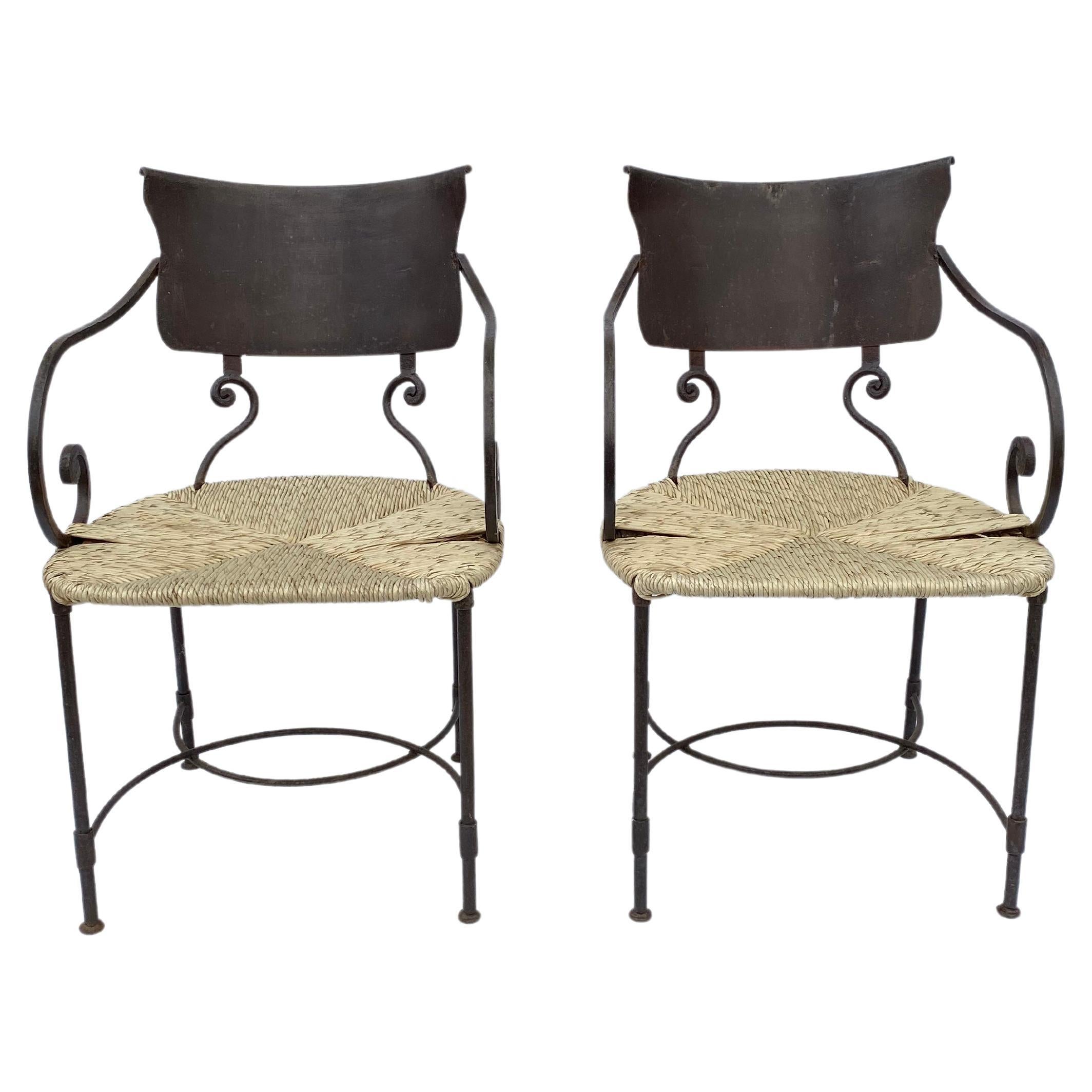 Pair of Art Deco Oxidised Forged Iron Bamboo Rattan Side Chairs Vintage 1920s  In Good Condition For Sale In London, GB