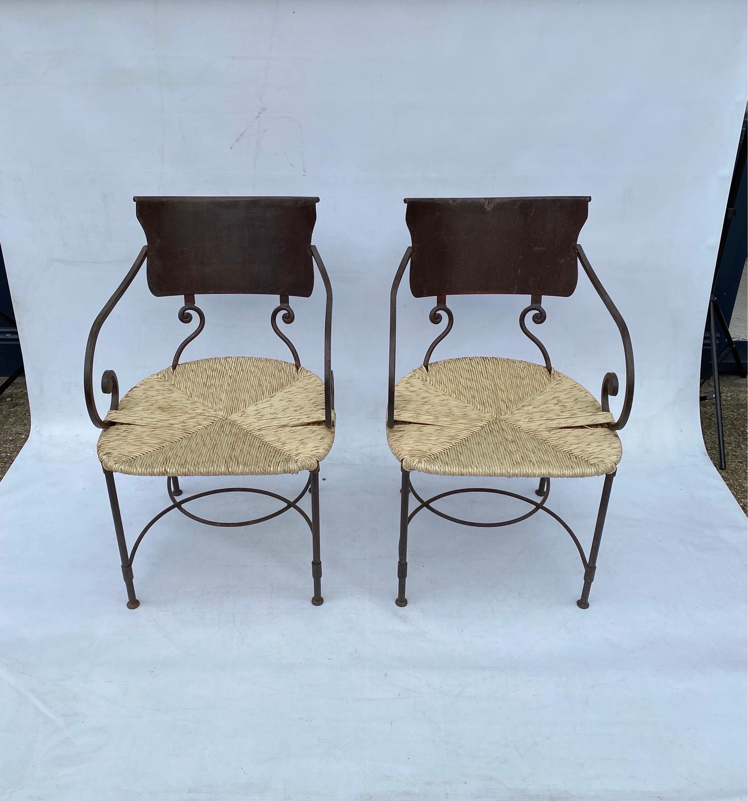 Early 20th Century Pair of Art Deco Oxidised Forged Iron Bamboo Rattan Side Chairs Vintage 1920s For Sale