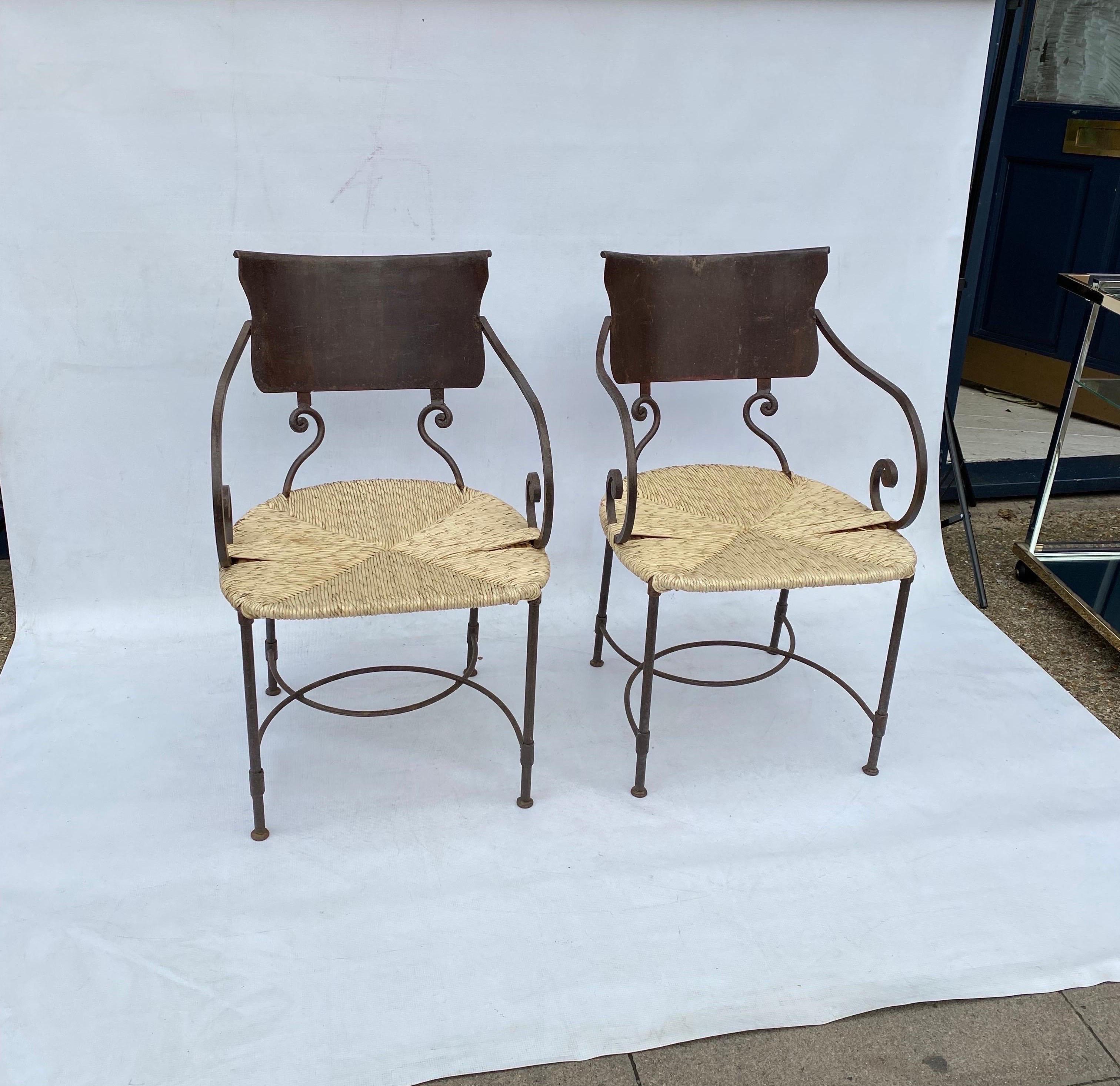 Pair of Art Deco Oxidised Forged Iron Bamboo Rattan Side Chairs Vintage 1920s For Sale 1