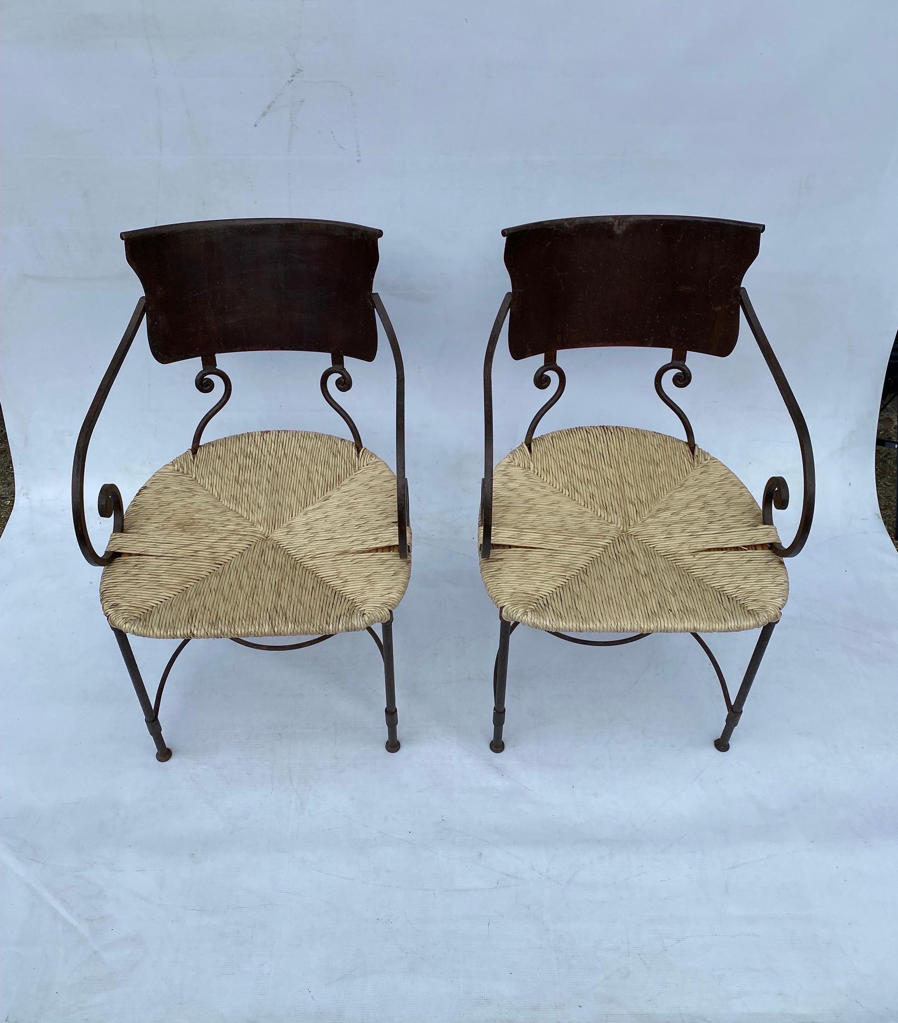 Pair of Art Deco Oxidised Forged Iron Bamboo Rattan Side Chairs Vintage 1920s  For Sale 2