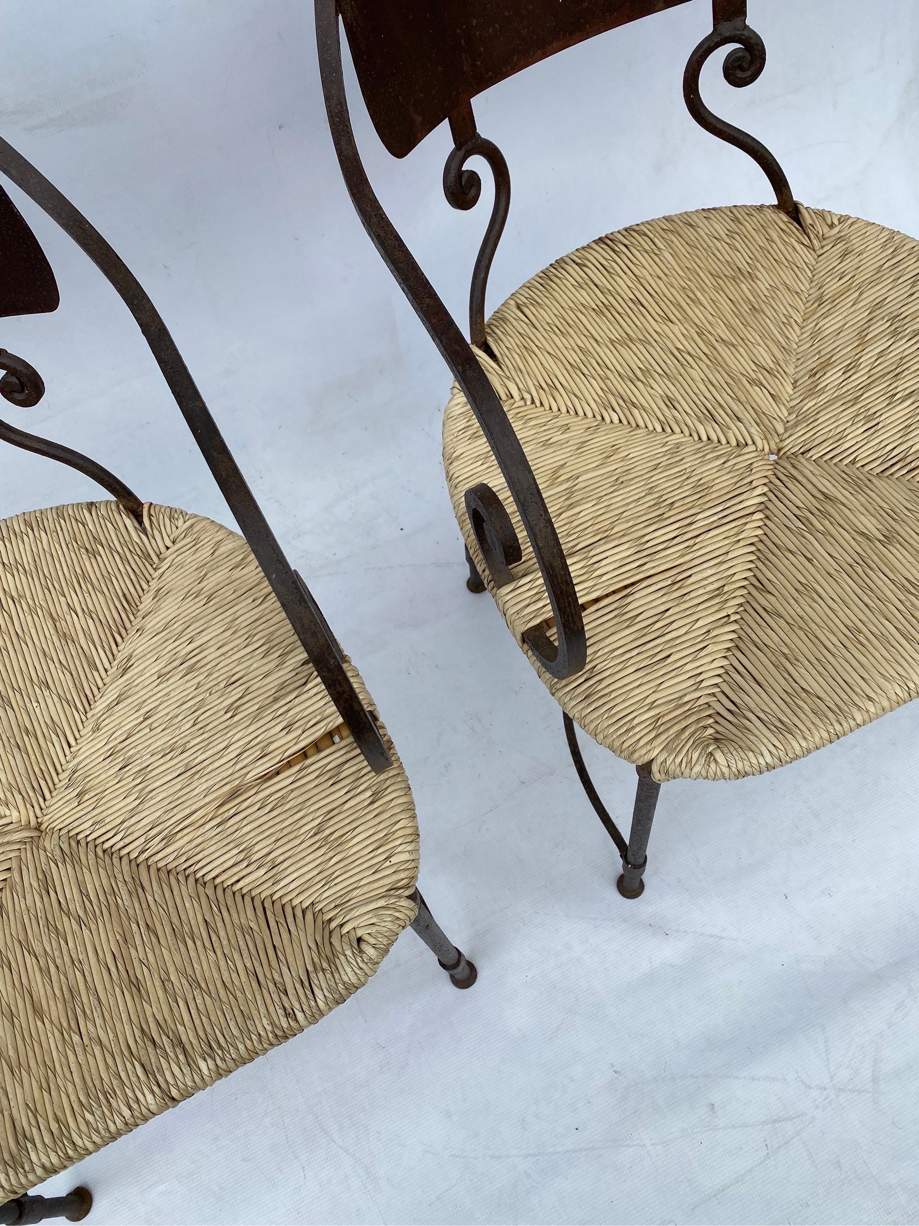 Pair of Art Deco Oxidised Forged Iron Bamboo Rattan Side Chairs Vintage 1920s  For Sale 3