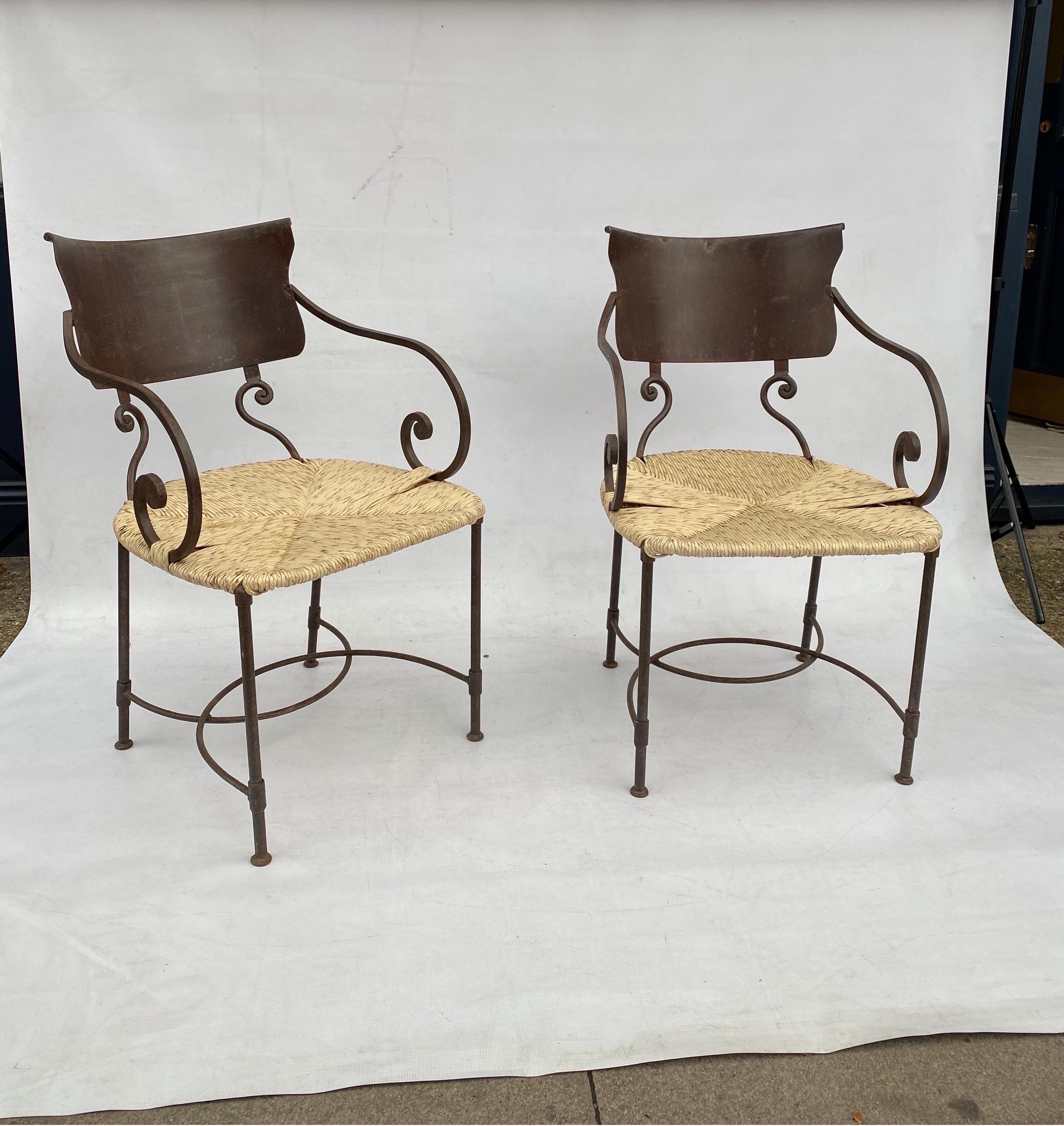 Pair of Art Deco Oxidised Forged Iron Bamboo Rattan Side Chairs Vintage 1920s  For Sale
