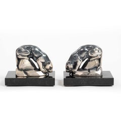 Pair of Art Deco Panther Bookends in Bronze on Black Marble by M. Font, 1920s