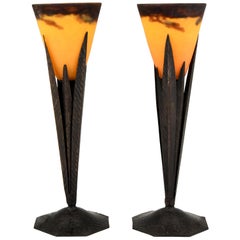 Pair of Art Deco Pate de Verre and Wrought Iron Table Lamps Degué & ROBJ, 1925