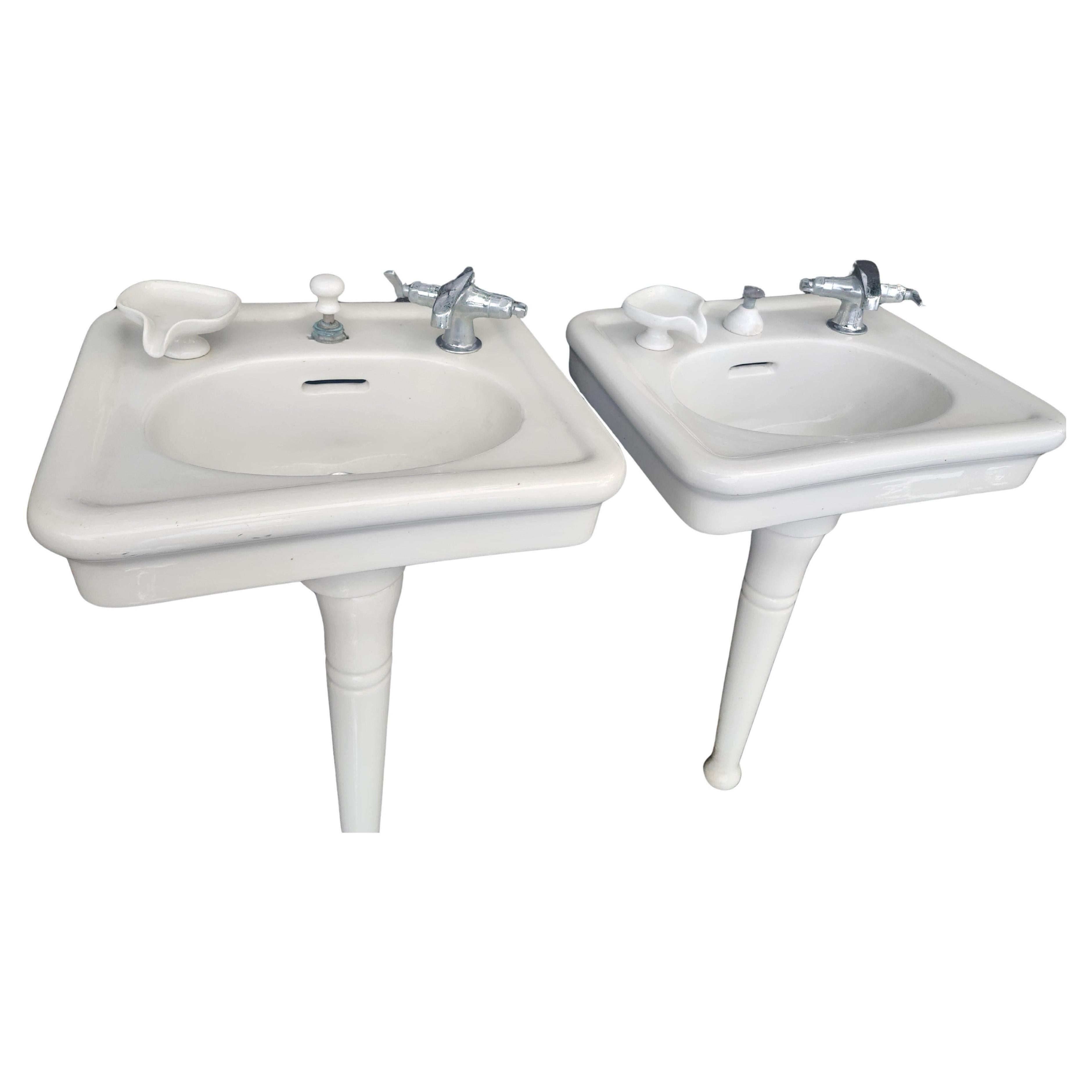 Pair of Art Deco Pedestal Porcelain Sinks by Crane "Peg Leg" Idalia C1919