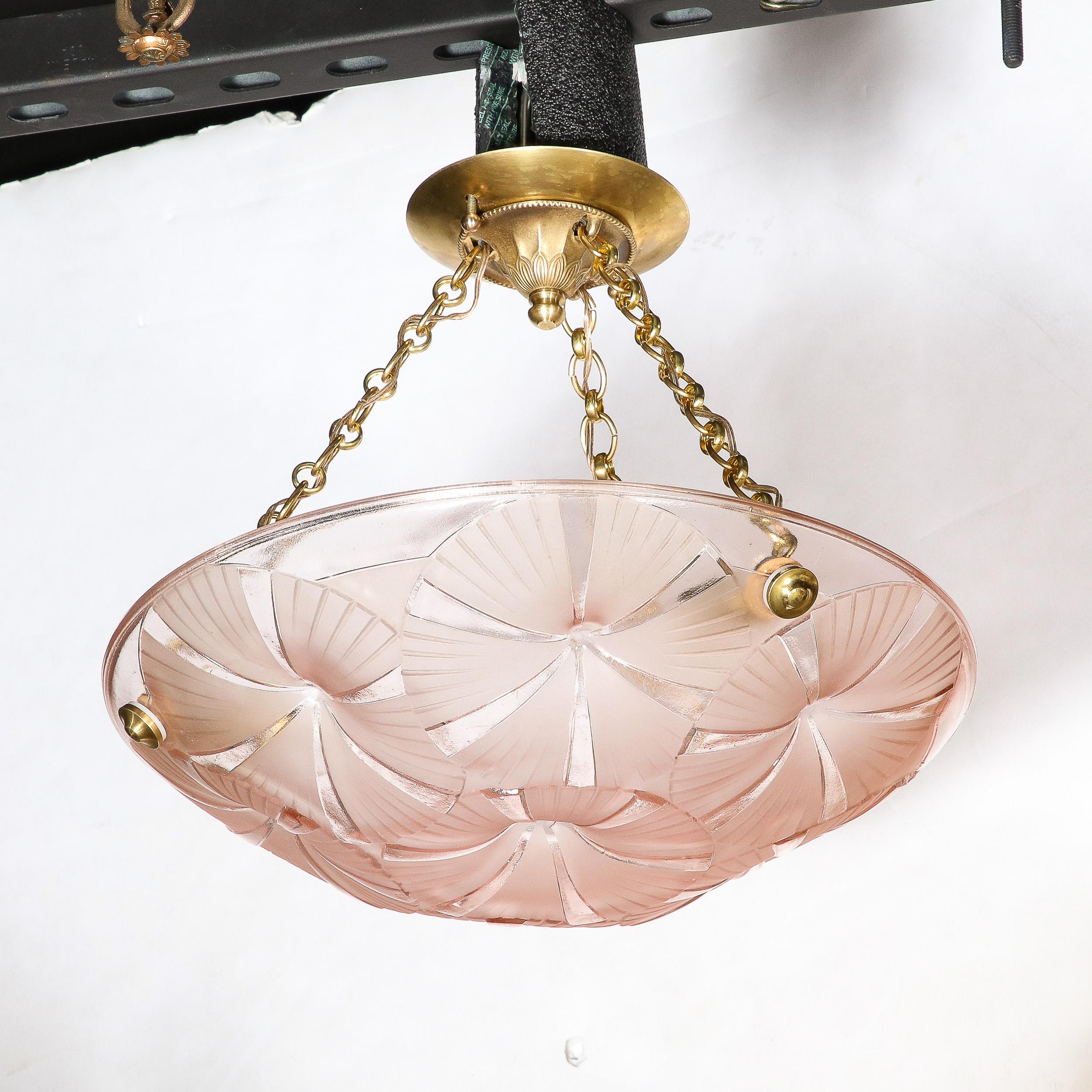 Pair of Art Deco Pendant Chandeliers in Molded & Frosted Rose Glass signed Degue In Excellent Condition In New York, NY
