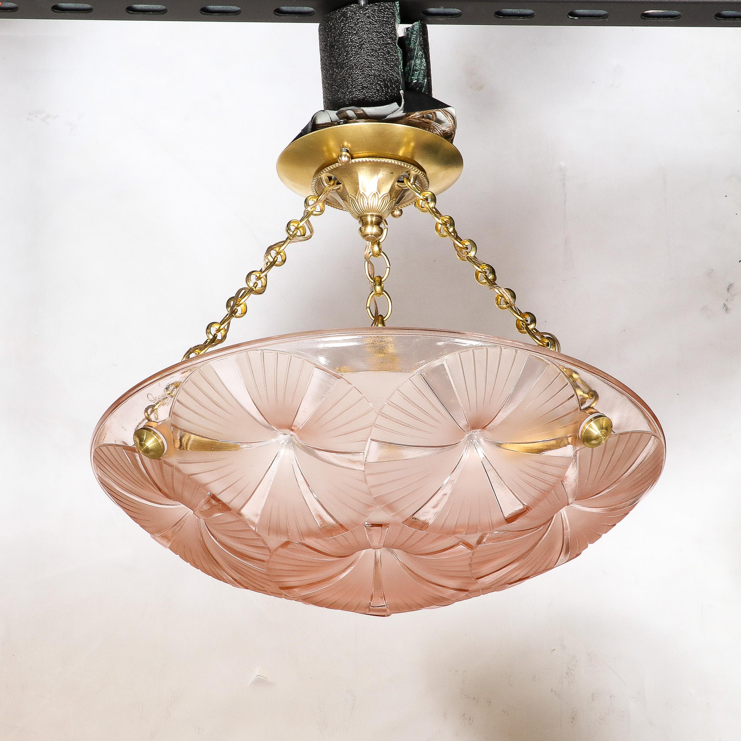Mid-20th Century Pair of Art Deco Pendant Chandeliers in Molded & Frosted Rose Glass signed Degue For Sale