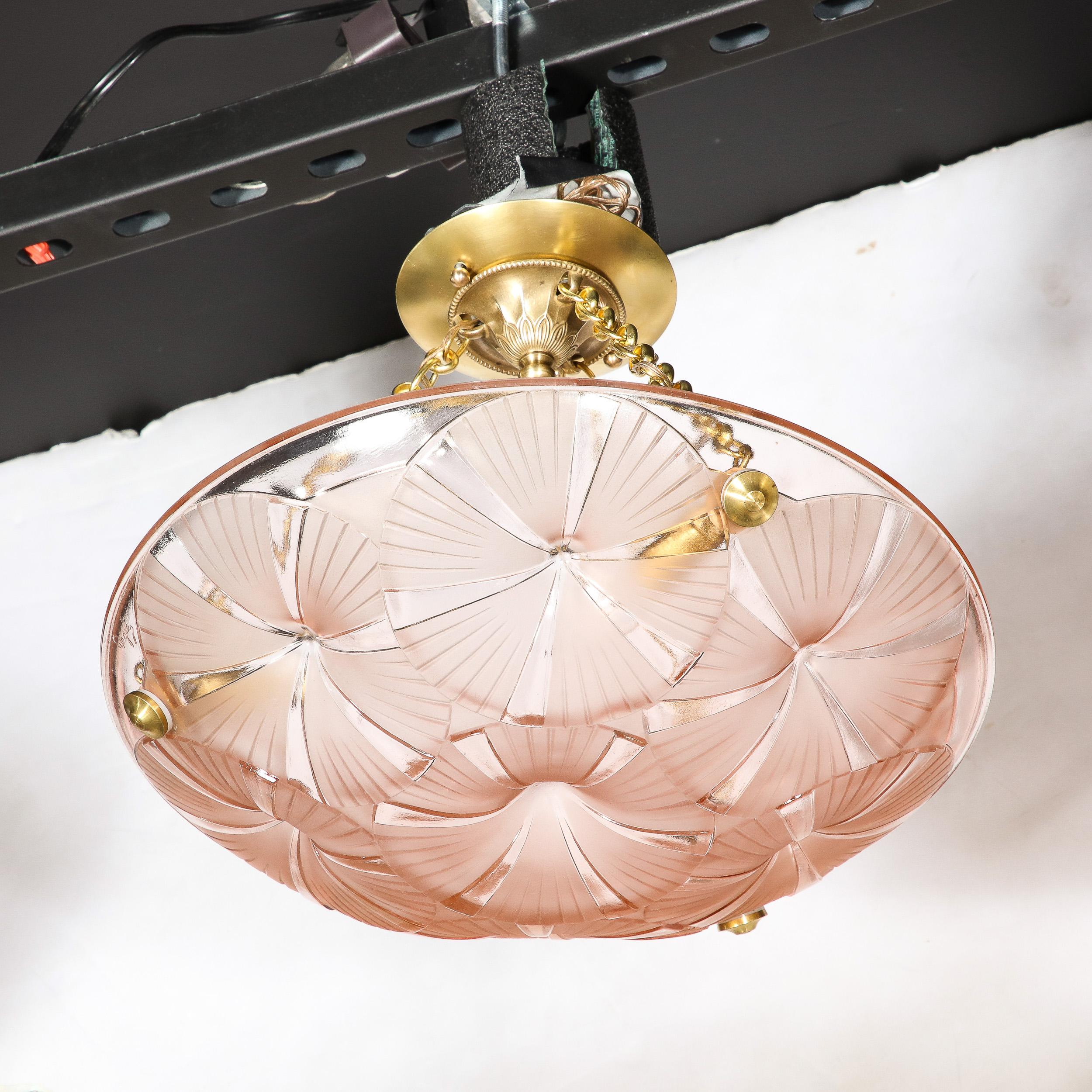Pair of Art Deco Pendant Chandeliers in Molded & Frosted Rose Glass signed Degue For Sale 1