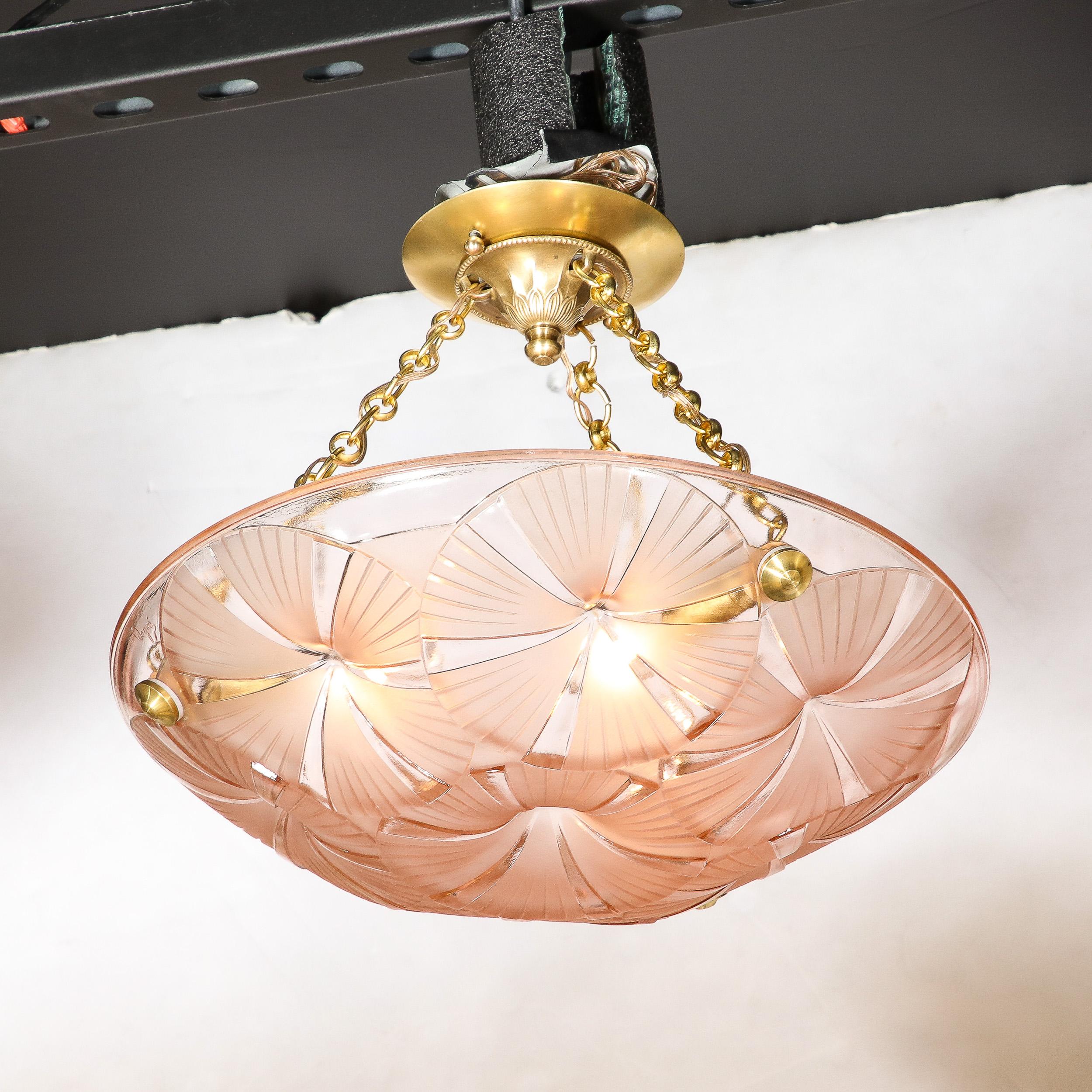 Pair of Art Deco Pendant Chandeliers in Molded & Frosted Rose Glass signed Degue For Sale 3