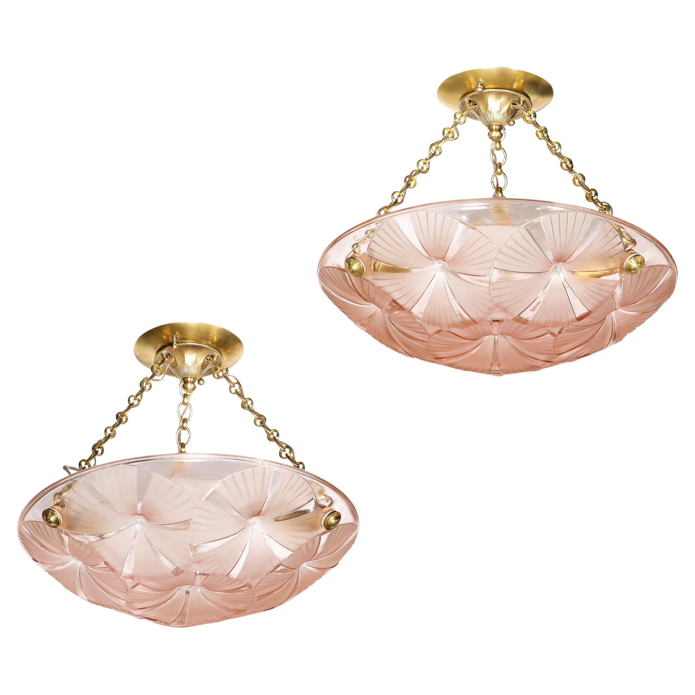 Pair of Art Deco Pendant Chandeliers in Molded & Frosted Rose Glass signed Degue For Sale